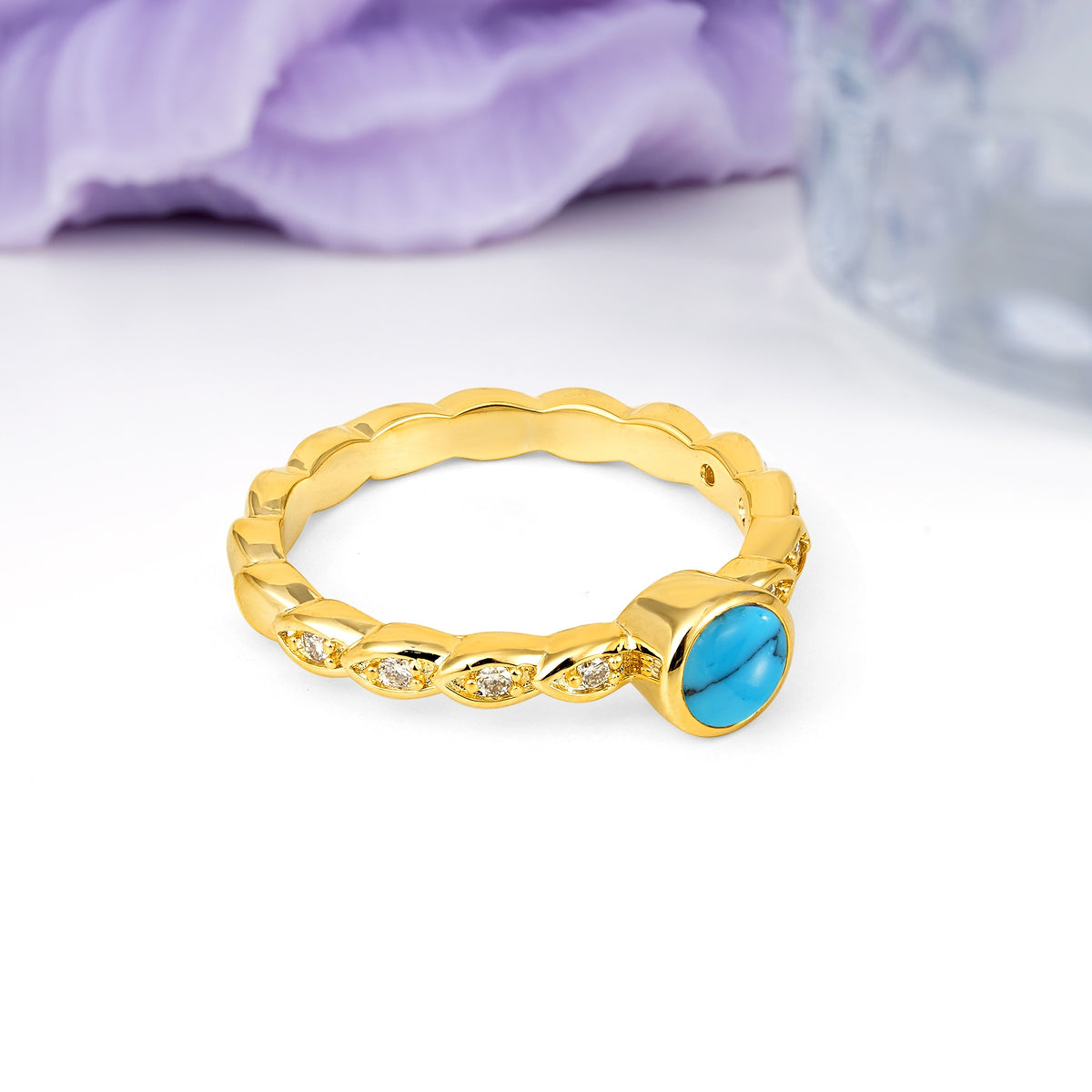 Classic & Minimalist Flush-Set Round-Cut Turquoise Engagement Ring - Additional view
