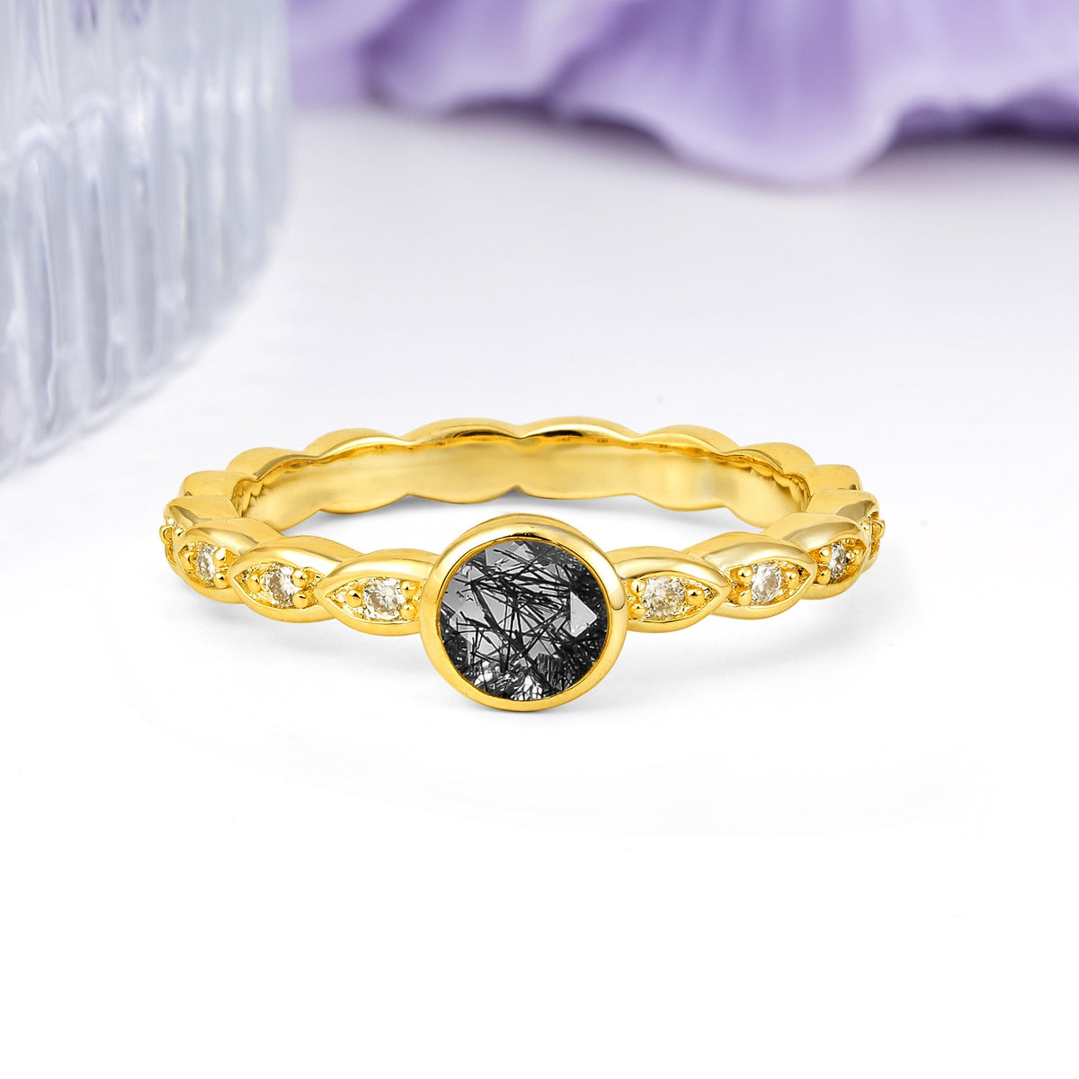 Classic & Minimalist Flush-Set Round-Cut Black Rutilated Quartz Engagement Ring - Additional view