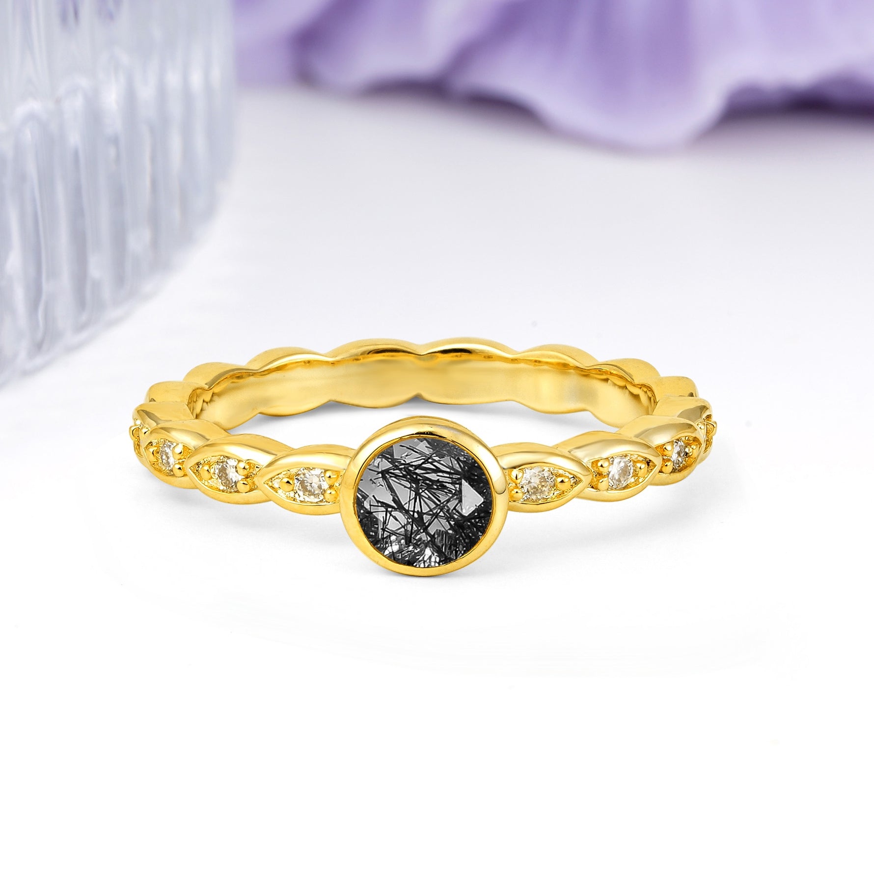 Classic & Minimalist Flush-Set Round-Cut Black Rutilated Quartz Engagement Ring - Additional view