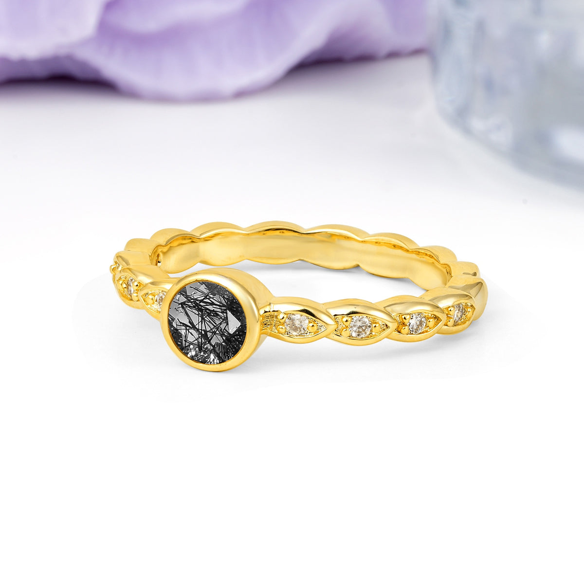 Classic & Minimalist Flush-Set Round-Cut Black Rutilated Quartz Engagement Ring - Additional view