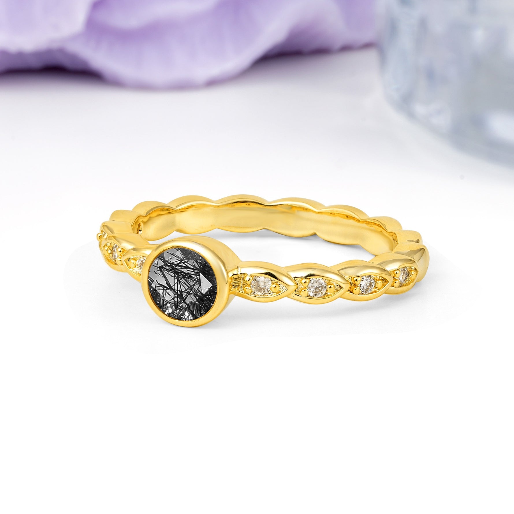 Classic & Minimalist Flush-Set Round-Cut Black Rutilated Quartz Engagement Ring - Additional view