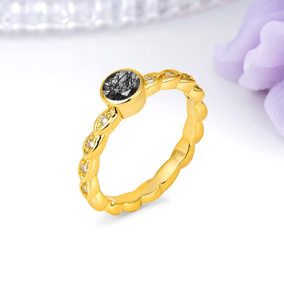 Classic & Minimalist Flush-Set Round-Cut Black Rutilated Quartz Engagement Ring - Additional view