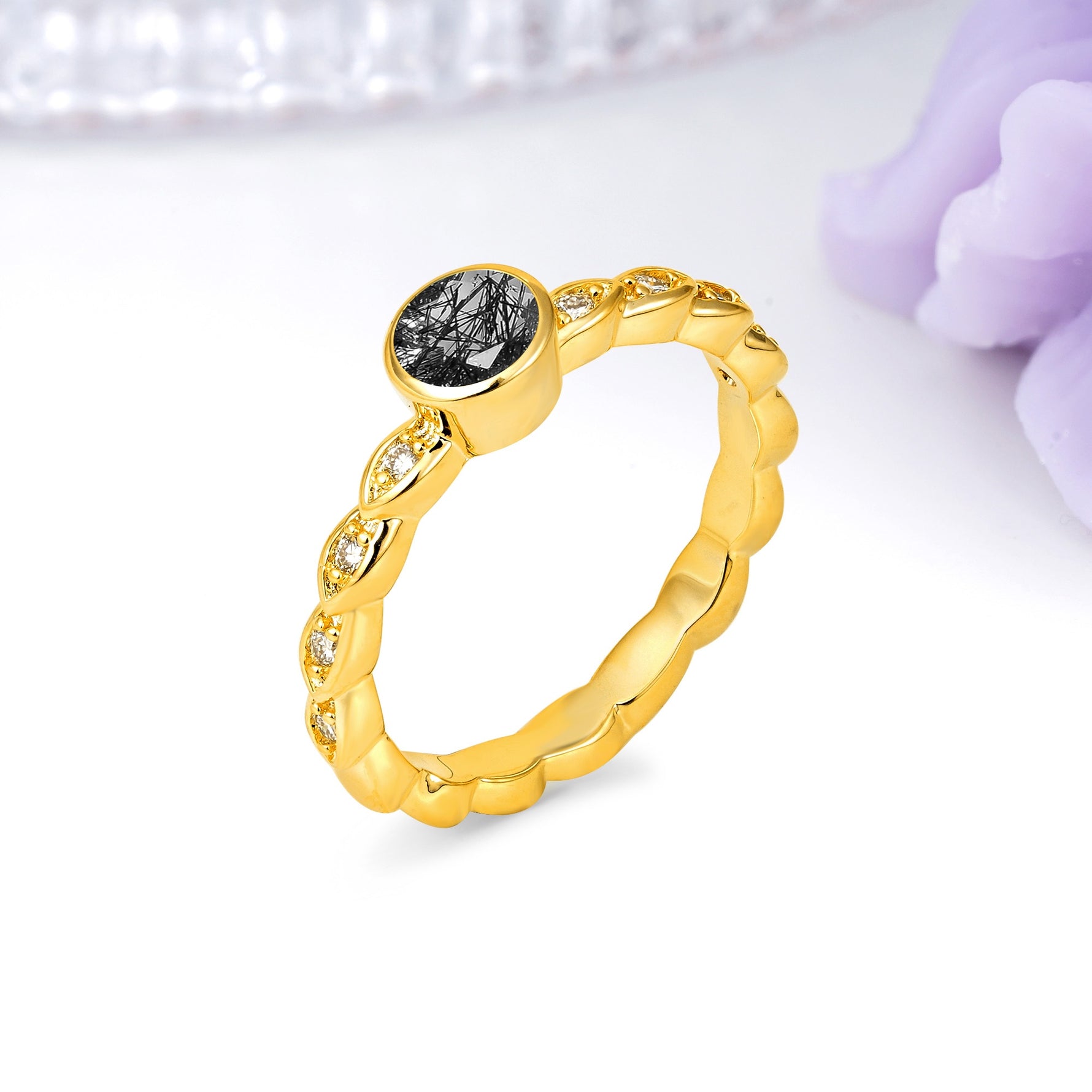 Classic & Minimalist Flush-Set Round-Cut Black Rutilated Quartz Engagement Ring - Additional view