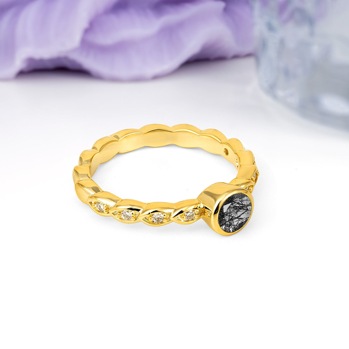 Classic & Minimalist Flush-Set Round-Cut Black Rutilated Quartz Engagement Ring - Additional view