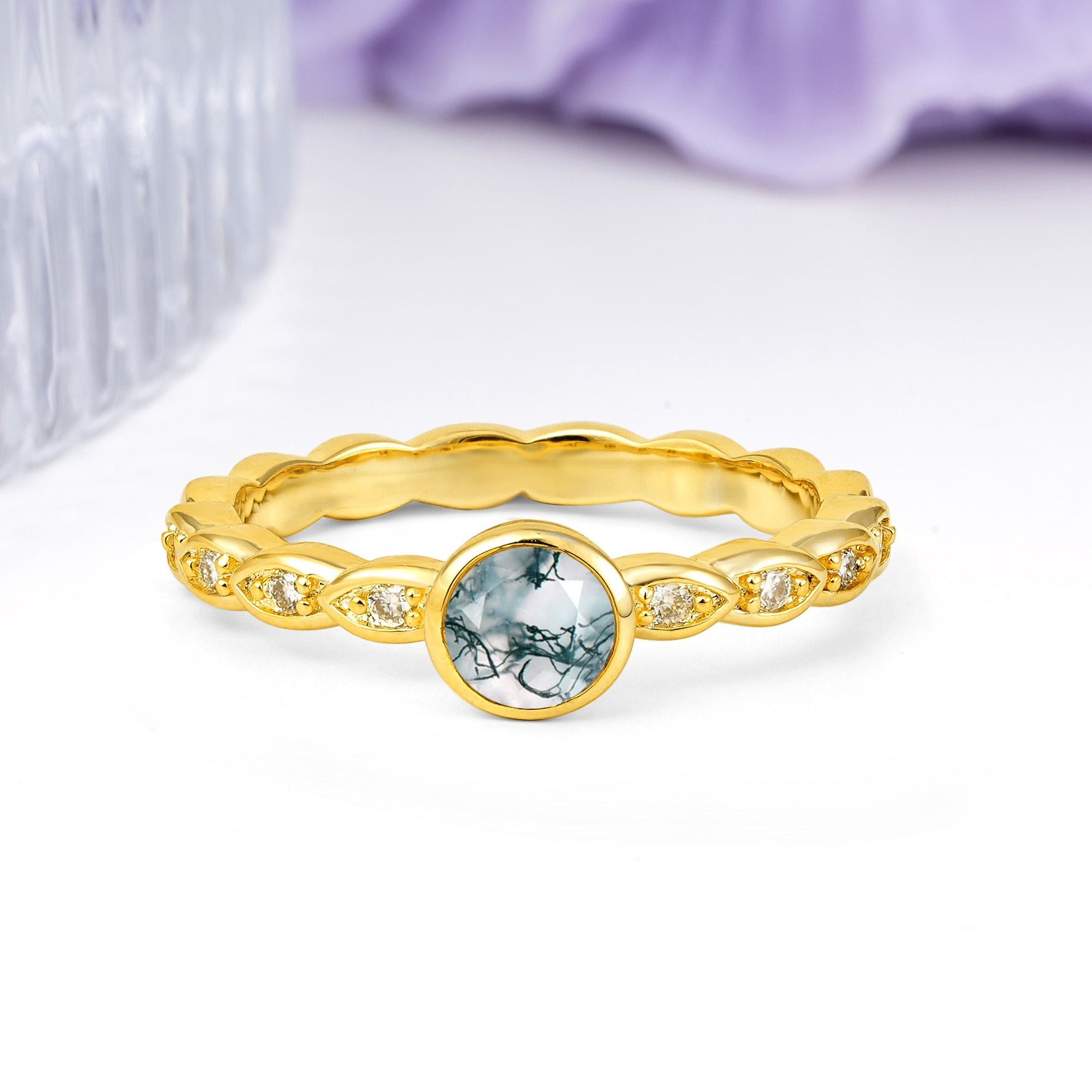 Classic & Minimalist Flush-Set Round-Cut Moss Agate Engagement Ring - Additional view