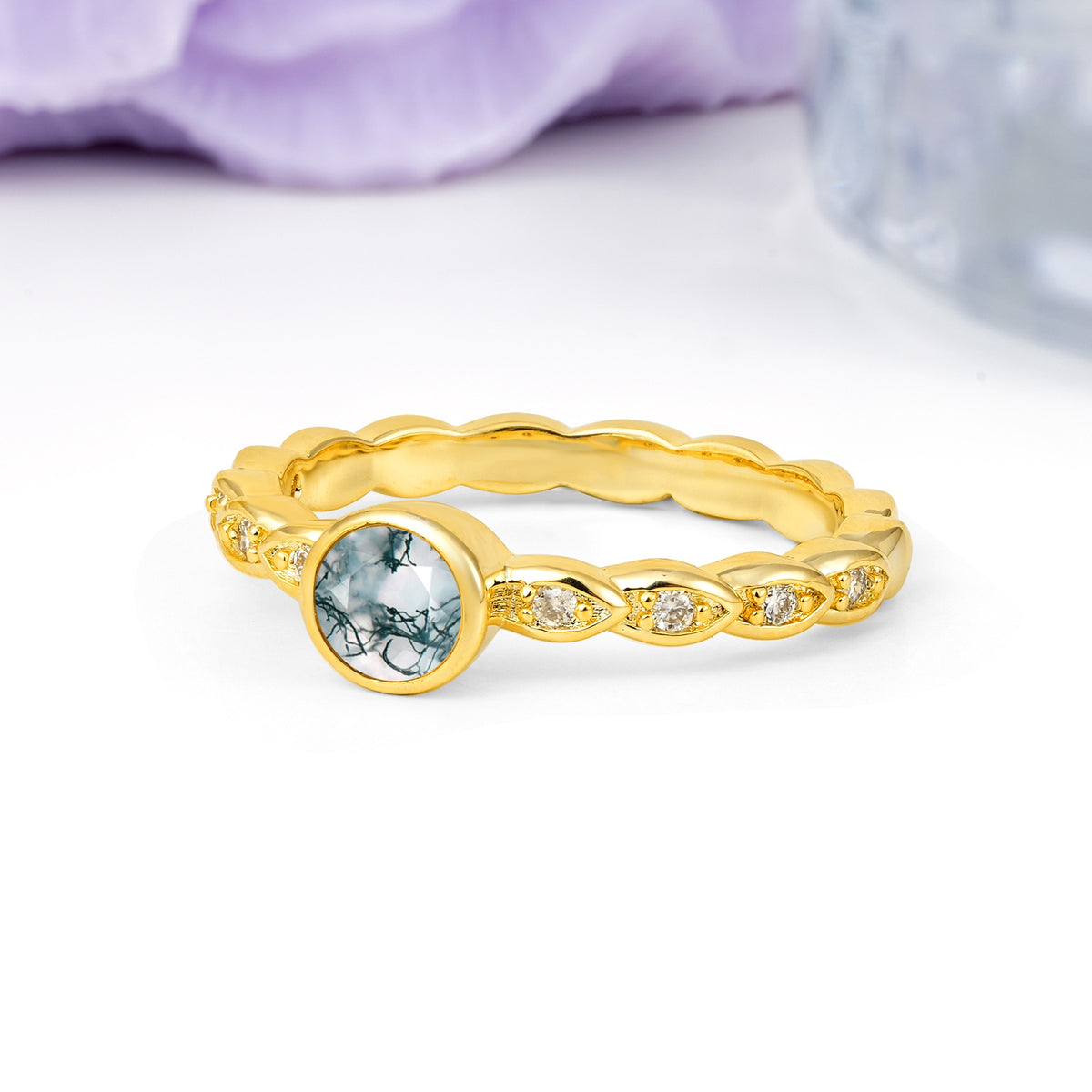 Classic & Minimalist Flush-Set Round-Cut Moss Agate Engagement Ring - Additional view