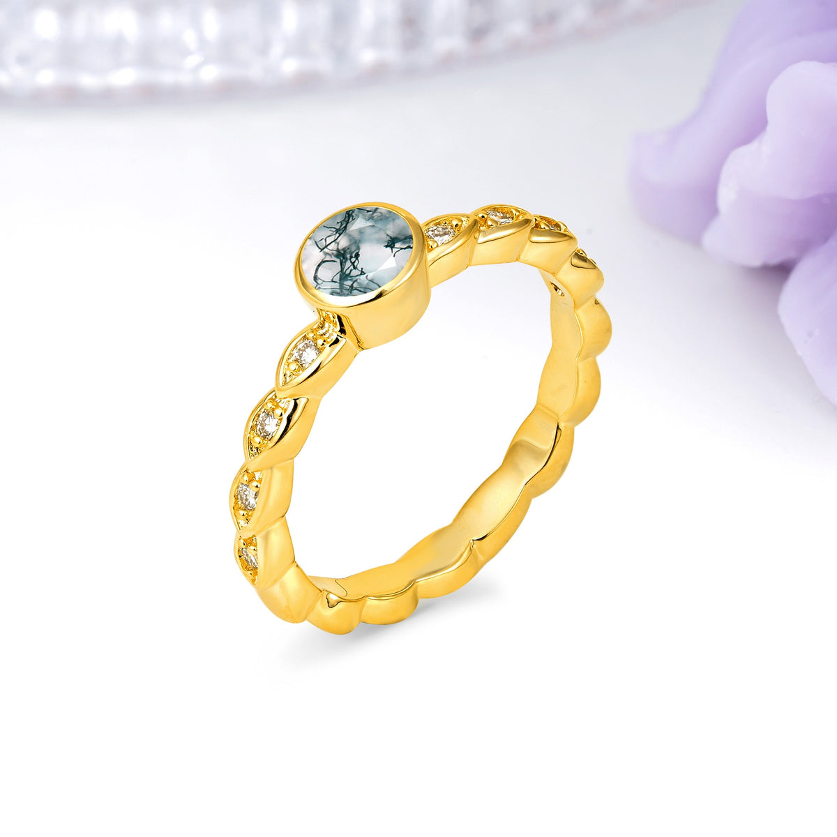 Classic & Minimalist Flush-Set Round-Cut Moss Agate Engagement Ring - Additional view