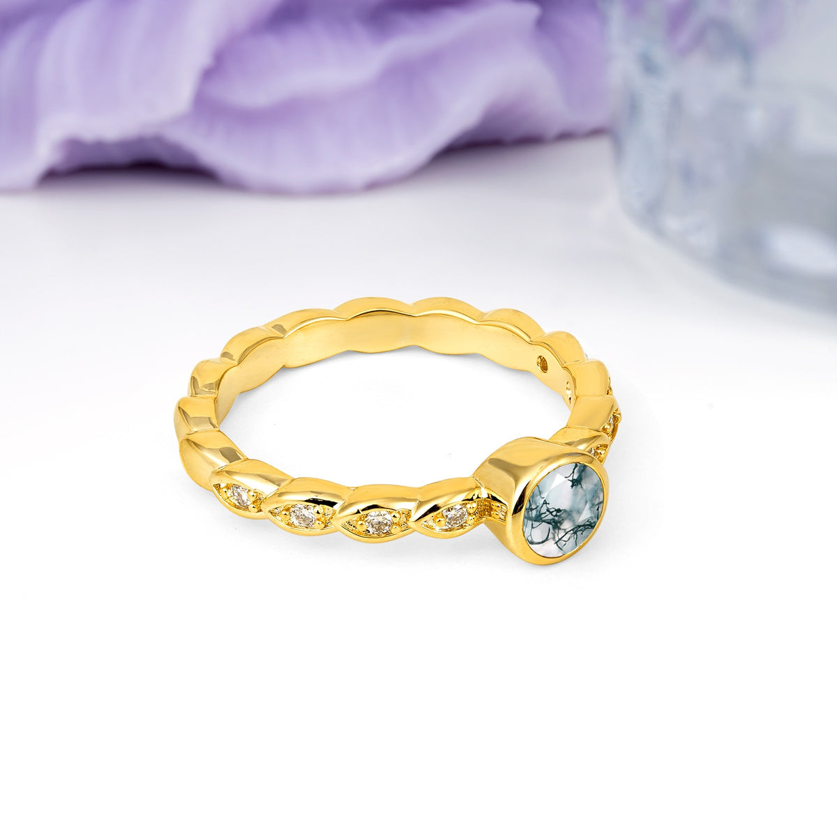 Classic & Minimalist Flush-Set Round-Cut Moss Agate Engagement Ring - Additional view