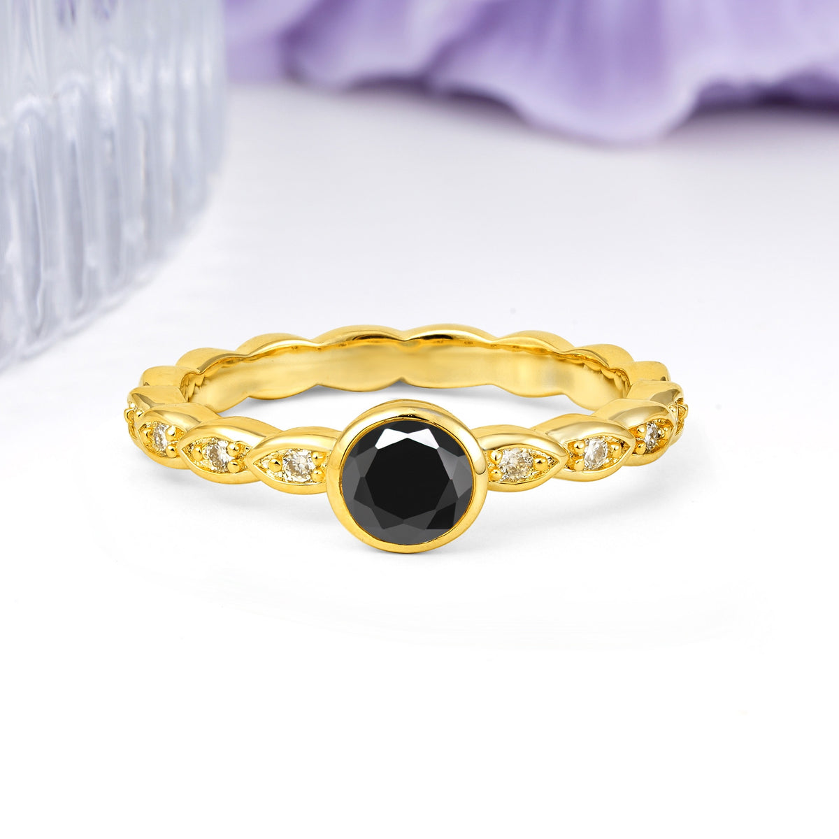 Classic & Minimalist Flush-Set Round-Cut Black Onyx Engagement Ring - Additional view
