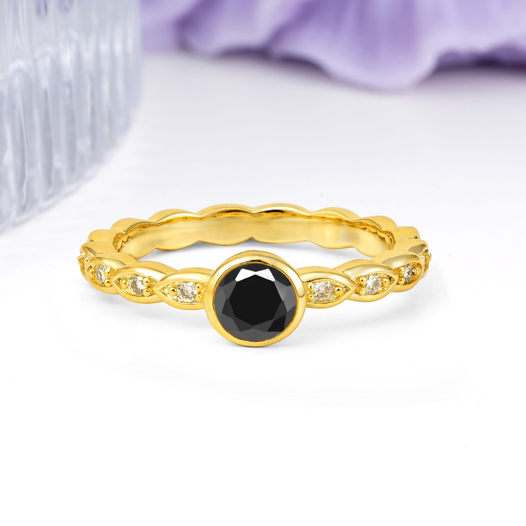 Classic & Minimalist Flush-Set Round-Cut Black Onyx Engagement Ring - Additional view