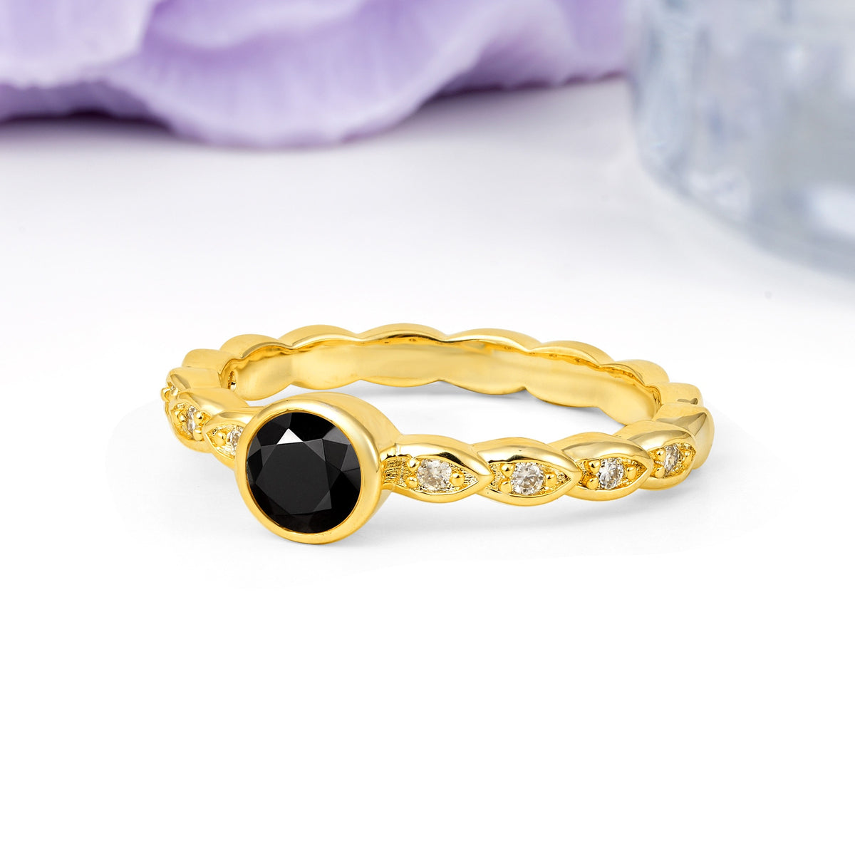 Classic & Minimalist Flush-Set Round-Cut Black Onyx Engagement Ring - Additional view