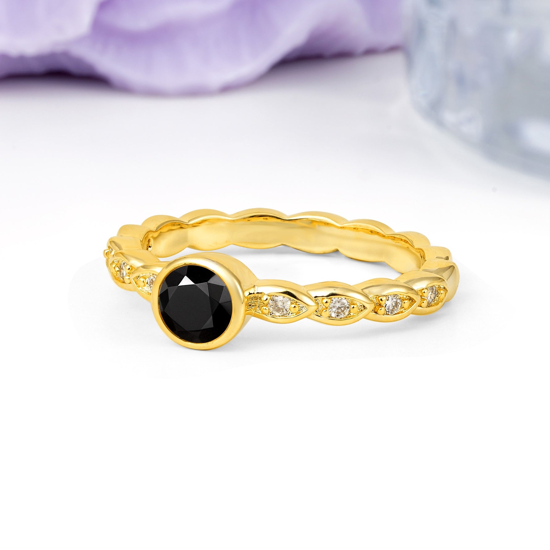 Classic & Minimalist Flush-Set Round-Cut Black Onyx Engagement Ring - Additional view