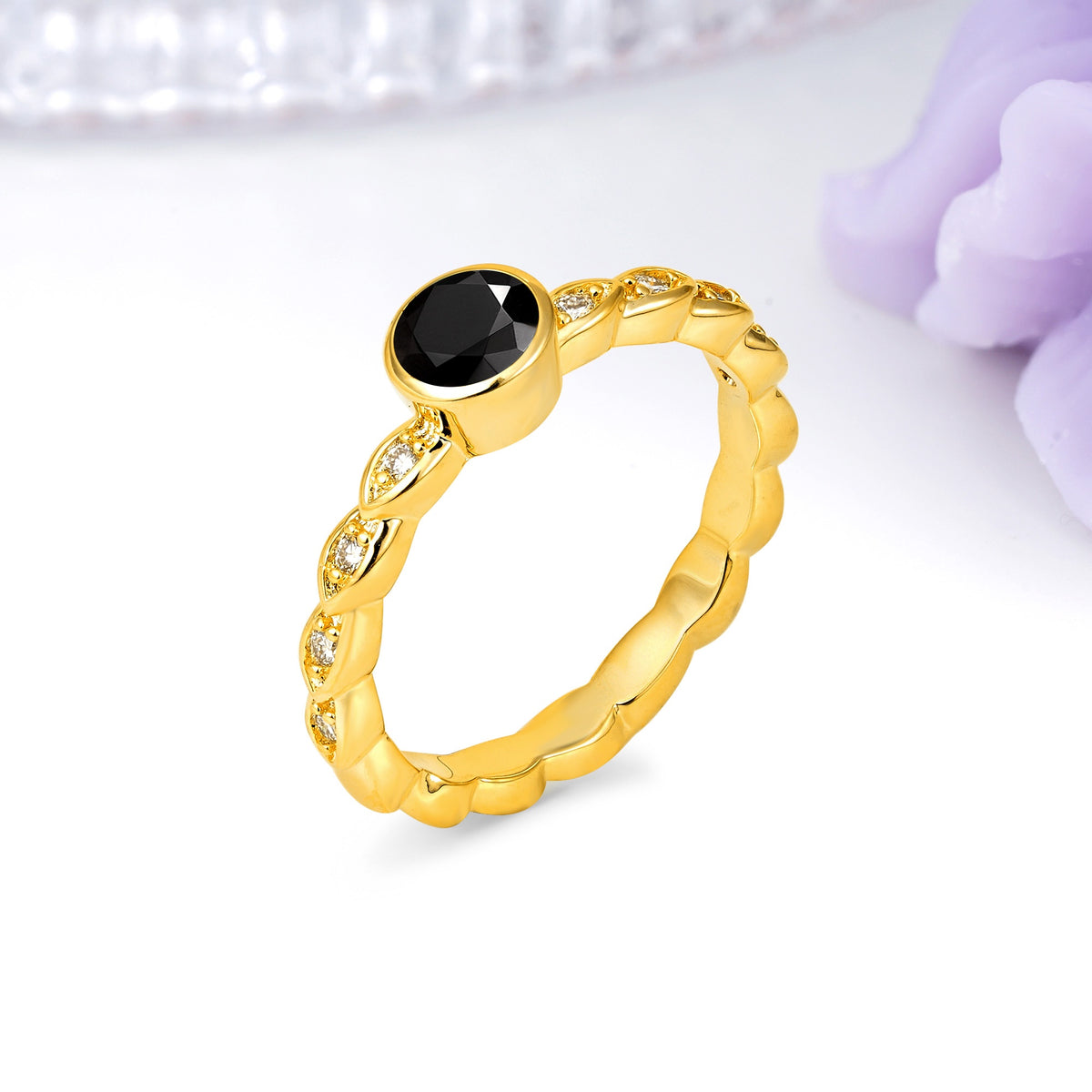 Classic & Minimalist Flush-Set Round-Cut Black Onyx Engagement Ring - Additional view