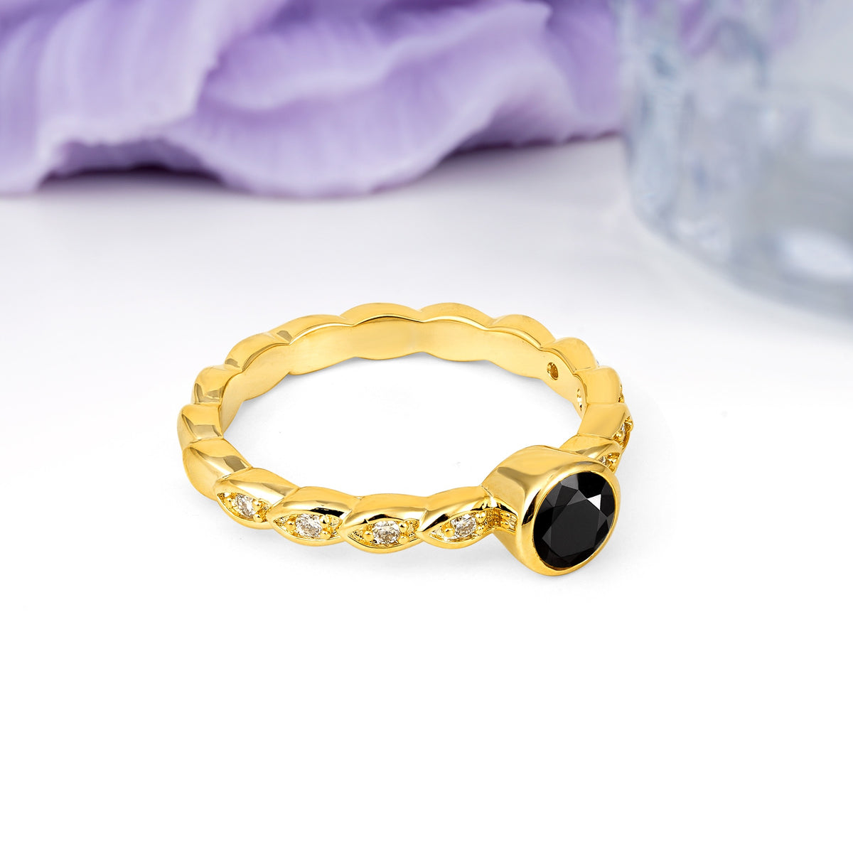 Classic & Minimalist Flush-Set Round-Cut Black Onyx Engagement Ring - Additional view