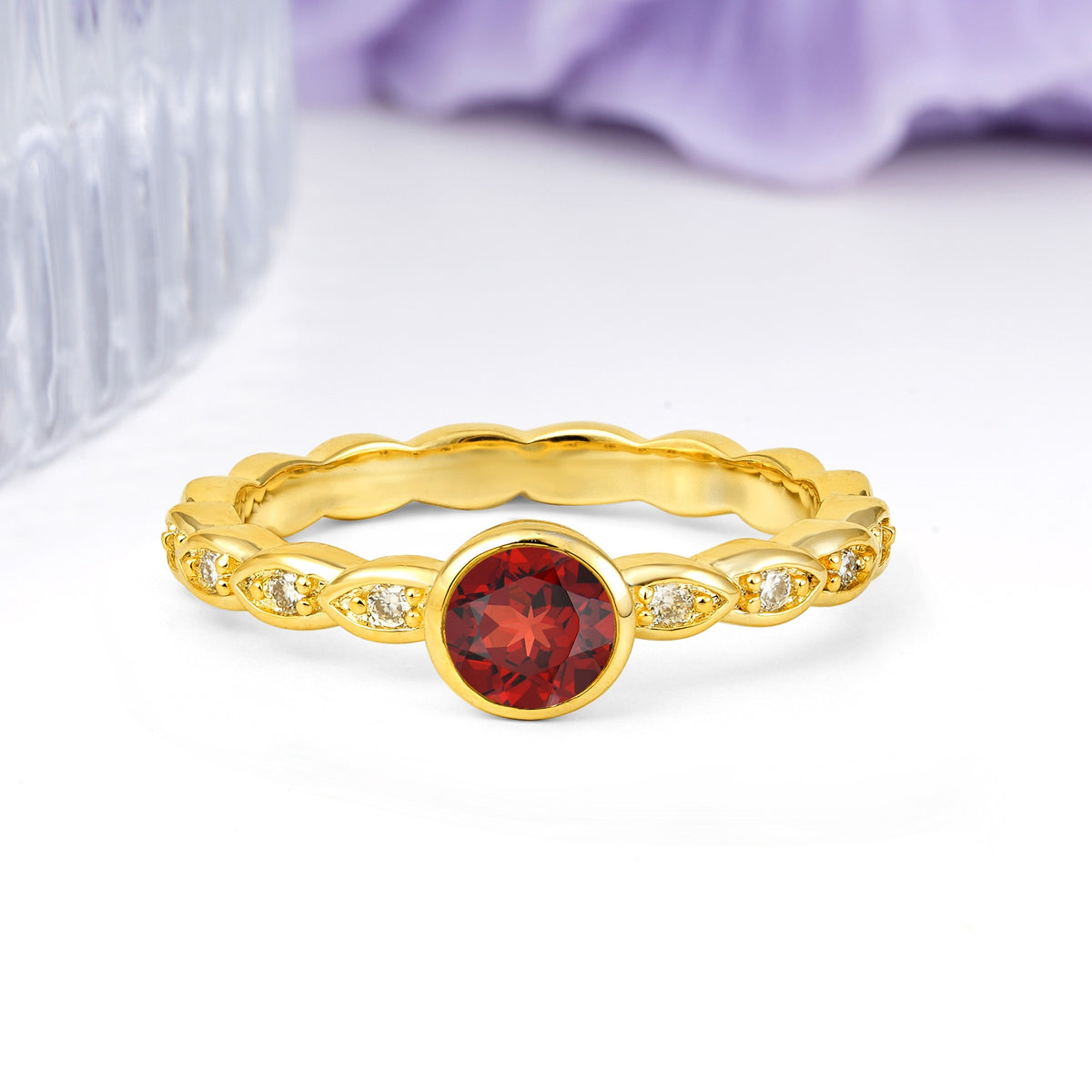Classic & Minimalist Flush-Set Round-Cut Garnet Engagement Ring - Additional view