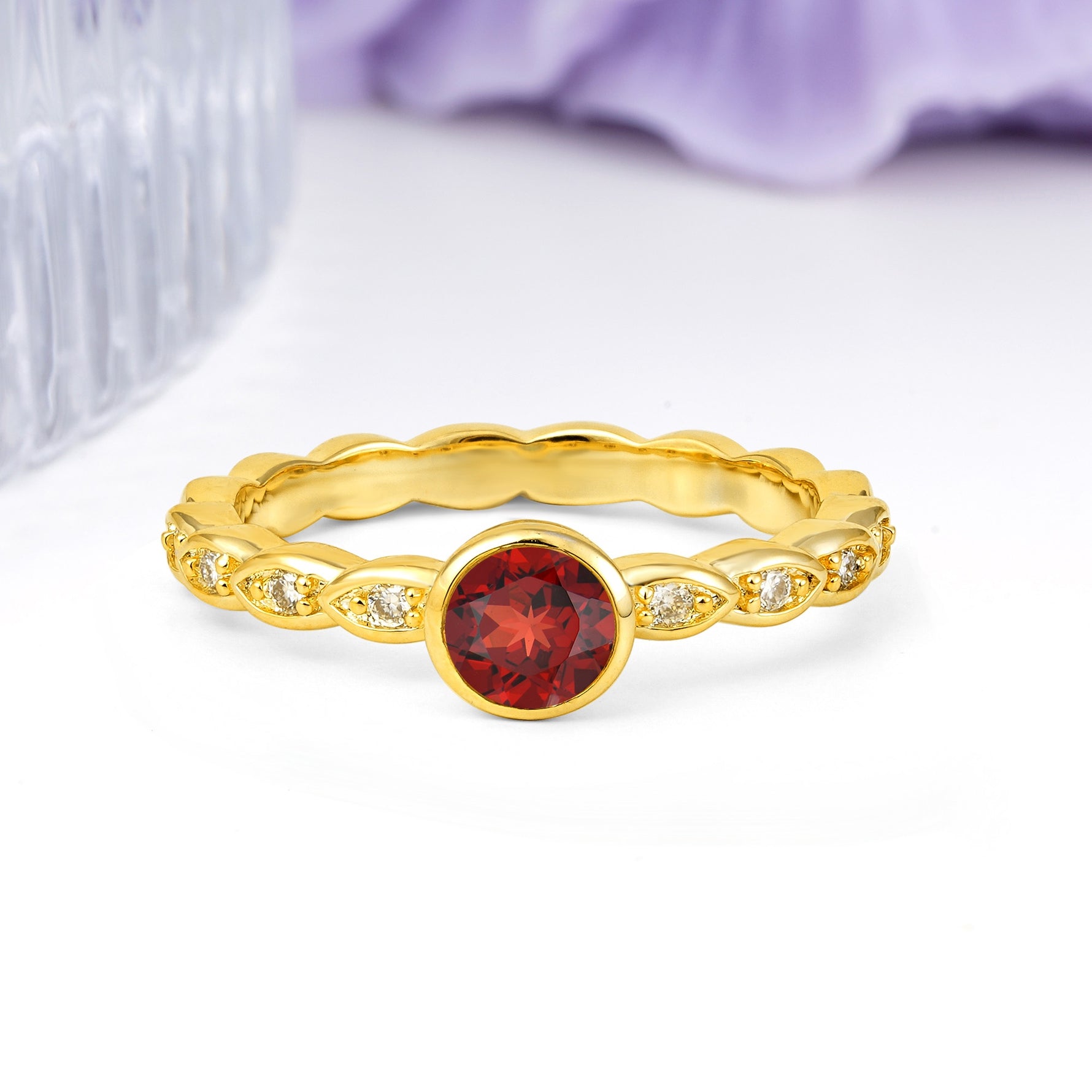 Classic & Minimalist Flush-Set Round-Cut Garnet Engagement Ring - Additional view