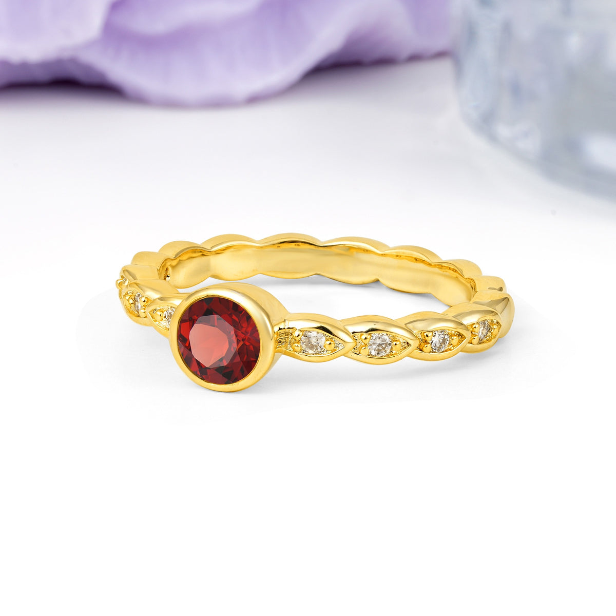 Classic & Minimalist Flush-Set Round-Cut Garnet Engagement Ring - Additional view