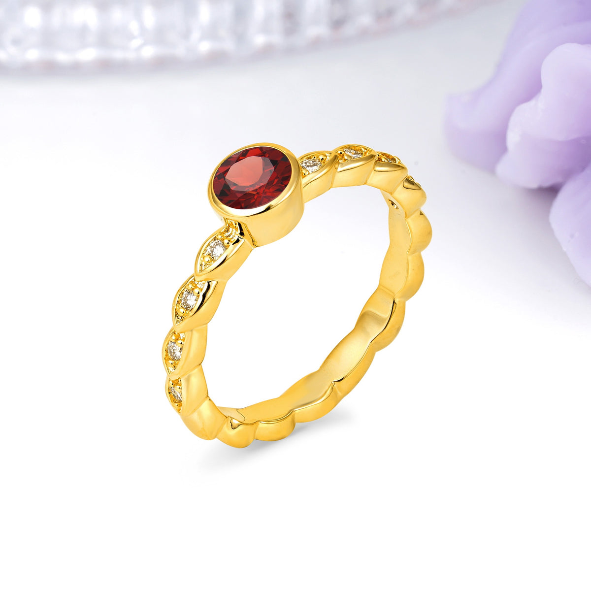 Classic & Minimalist Flush-Set Round-Cut Garnet Engagement Ring - Additional view