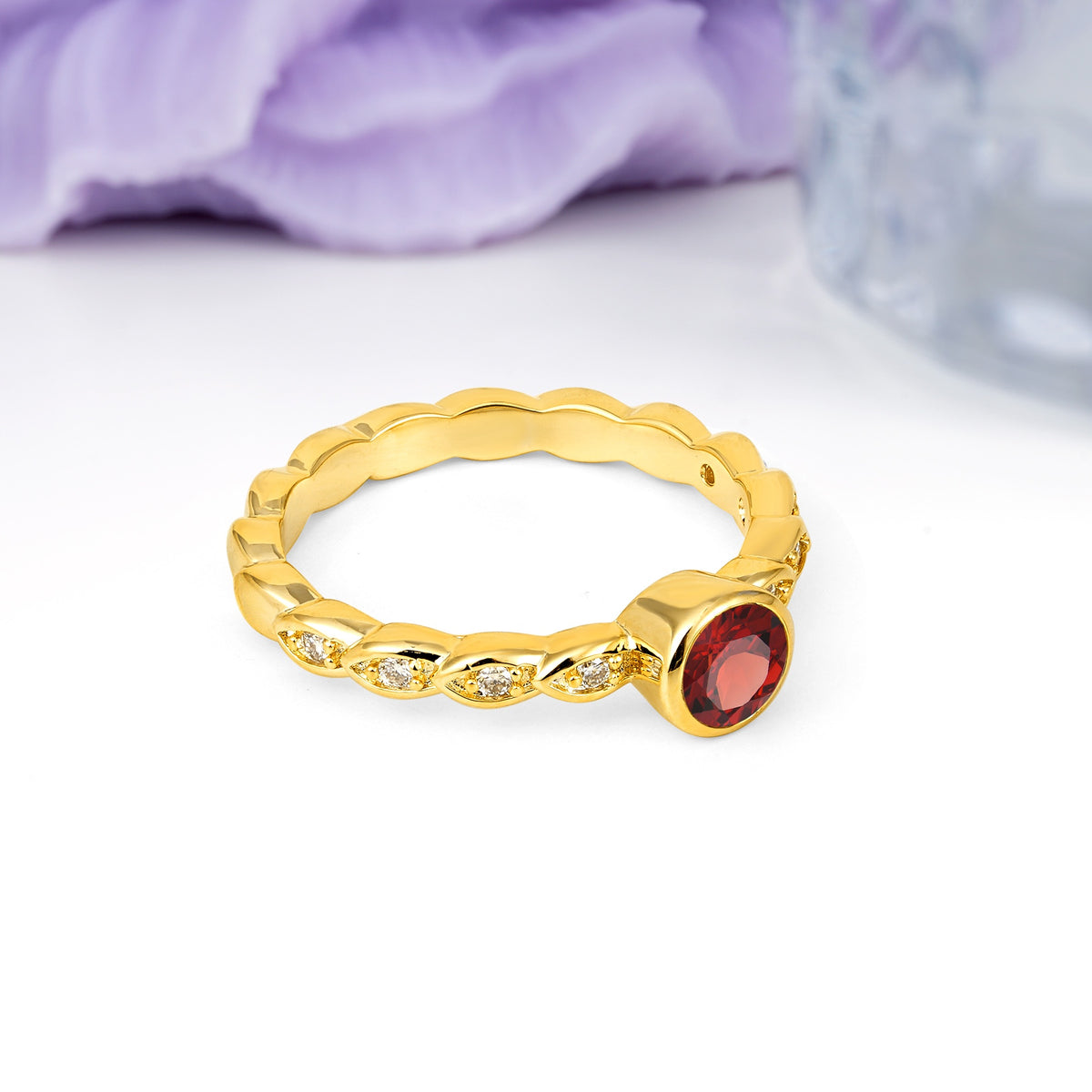 Classic & Minimalist Flush-Set Round-Cut Garnet Engagement Ring - Additional view