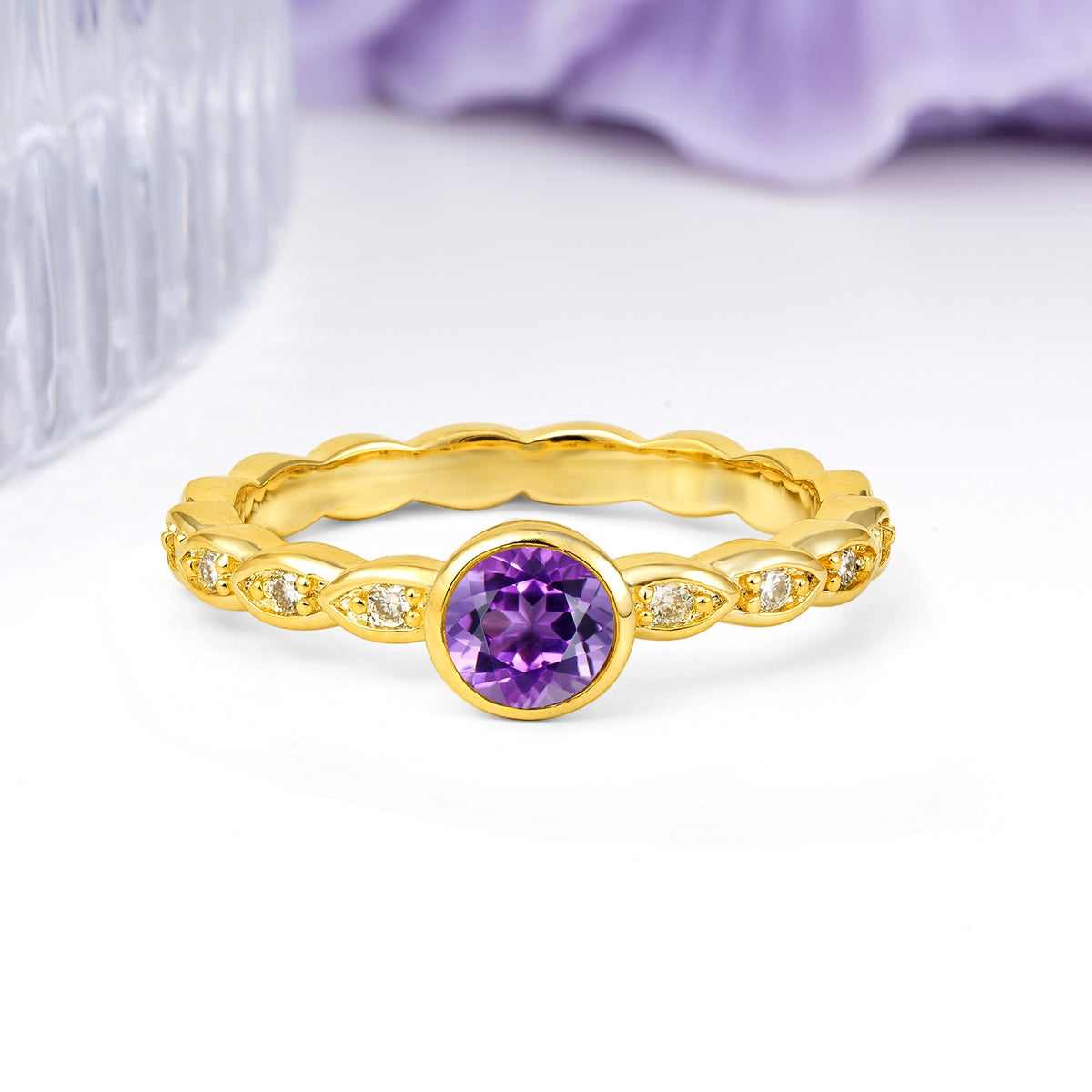 Classic & Minimalist Flush-Set Round-Cut Amethyst Engagement Ring - Additional view