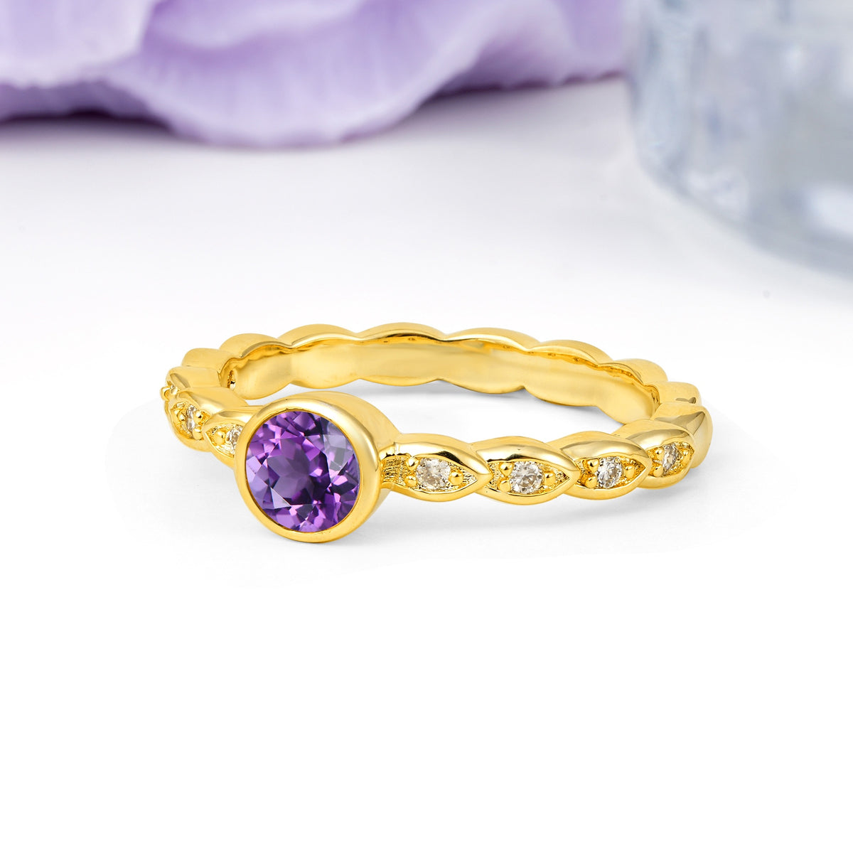 Classic & Minimalist Flush-Set Round-Cut Amethyst Engagement Ring - Additional view