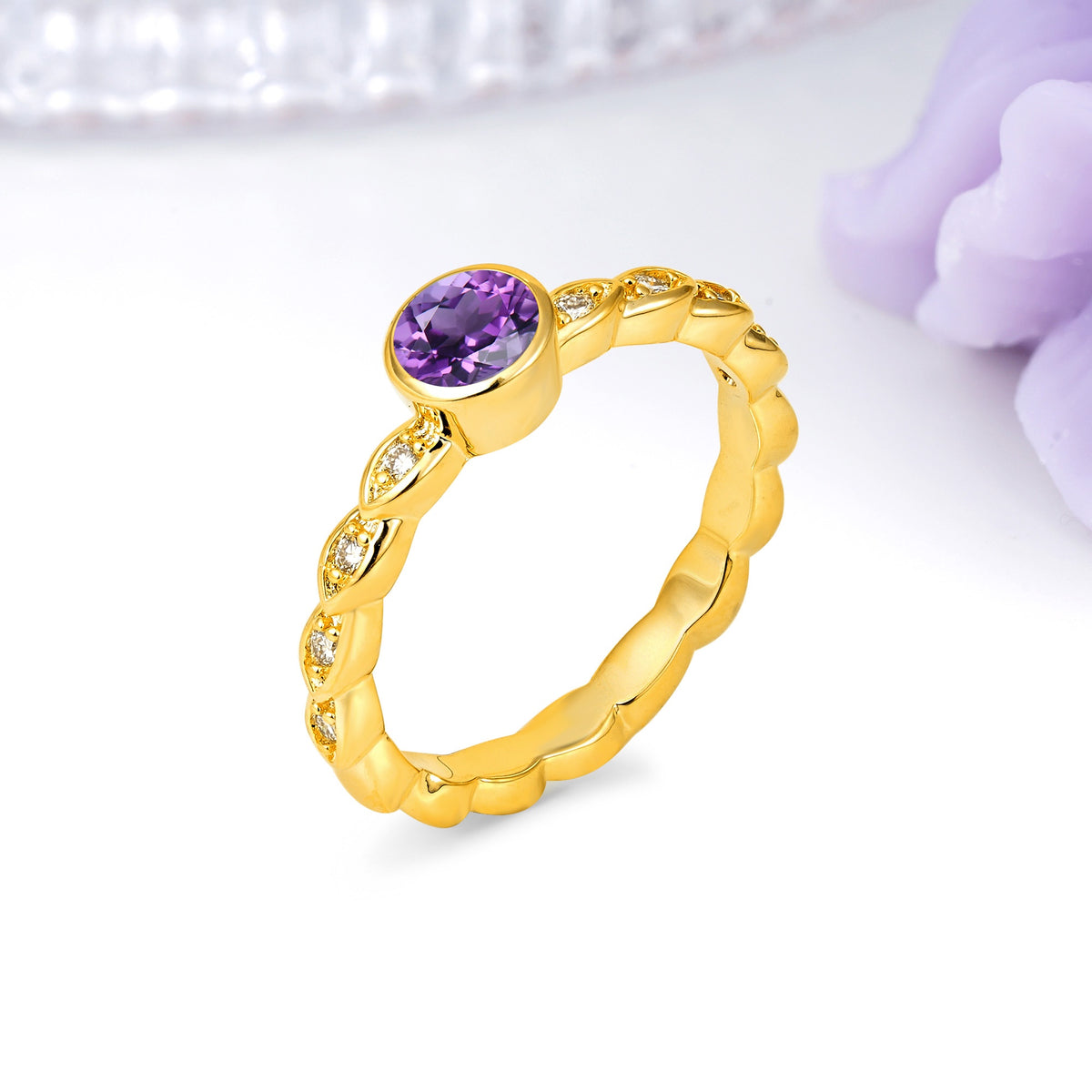 Classic & Minimalist Flush-Set Round-Cut Amethyst Engagement Ring - Additional view
