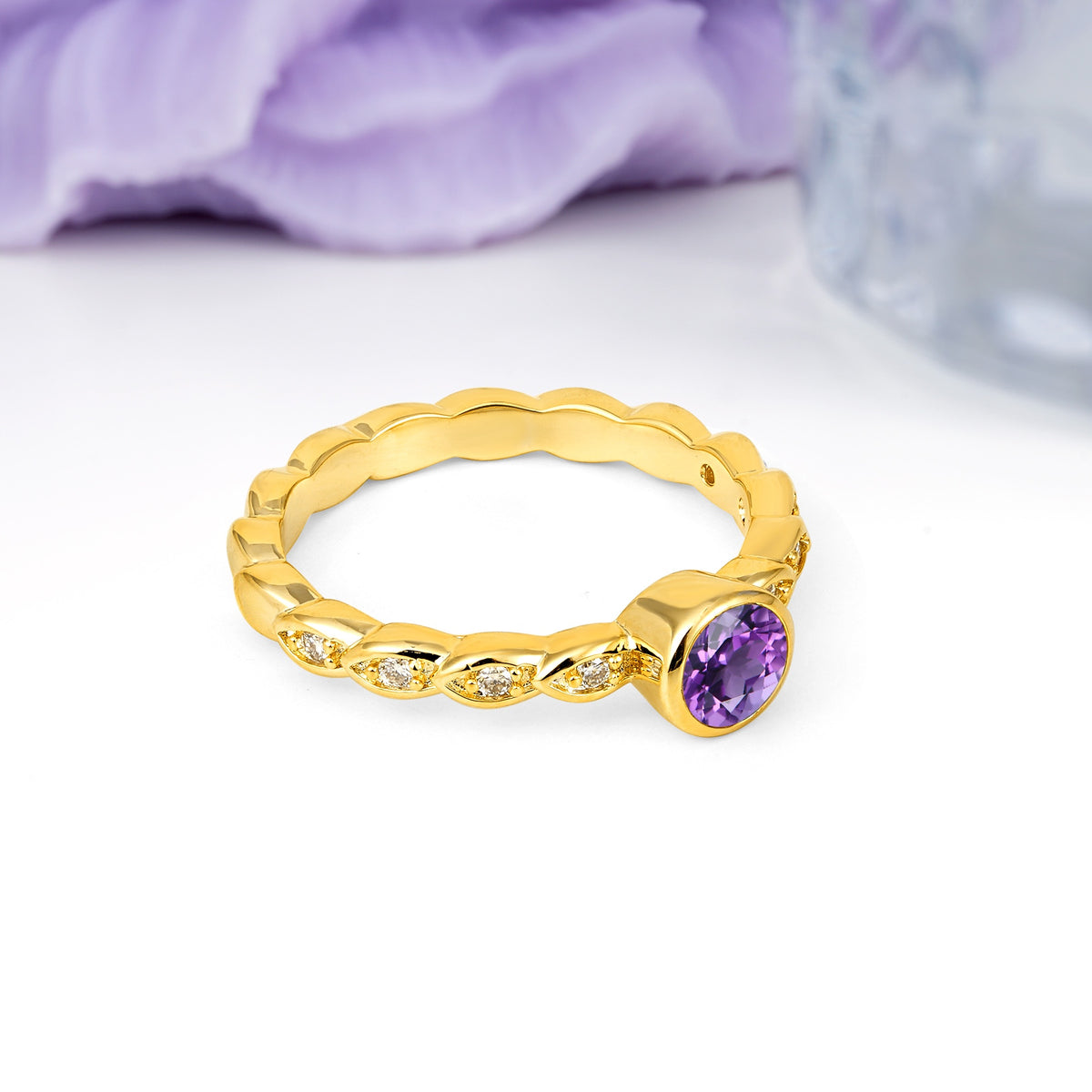 Classic & Minimalist Flush-Set Round-Cut Amethyst Engagement Ring - Additional view