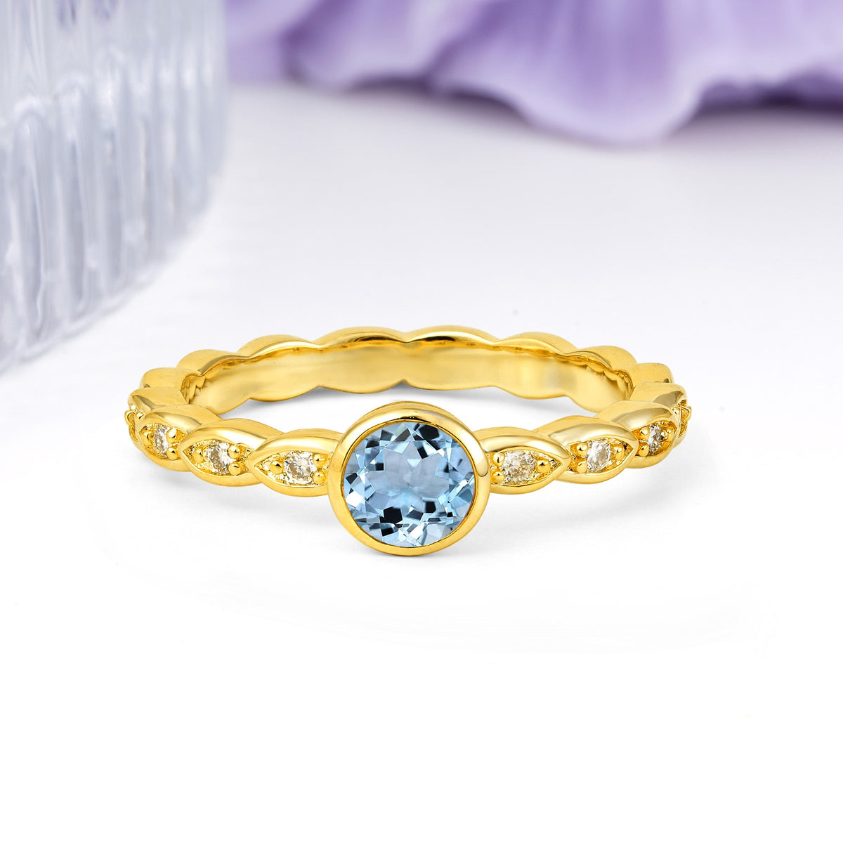 Classic & Minimalist Flush-Set Round-Cut Aquamarine Engagement Ring - Additional view