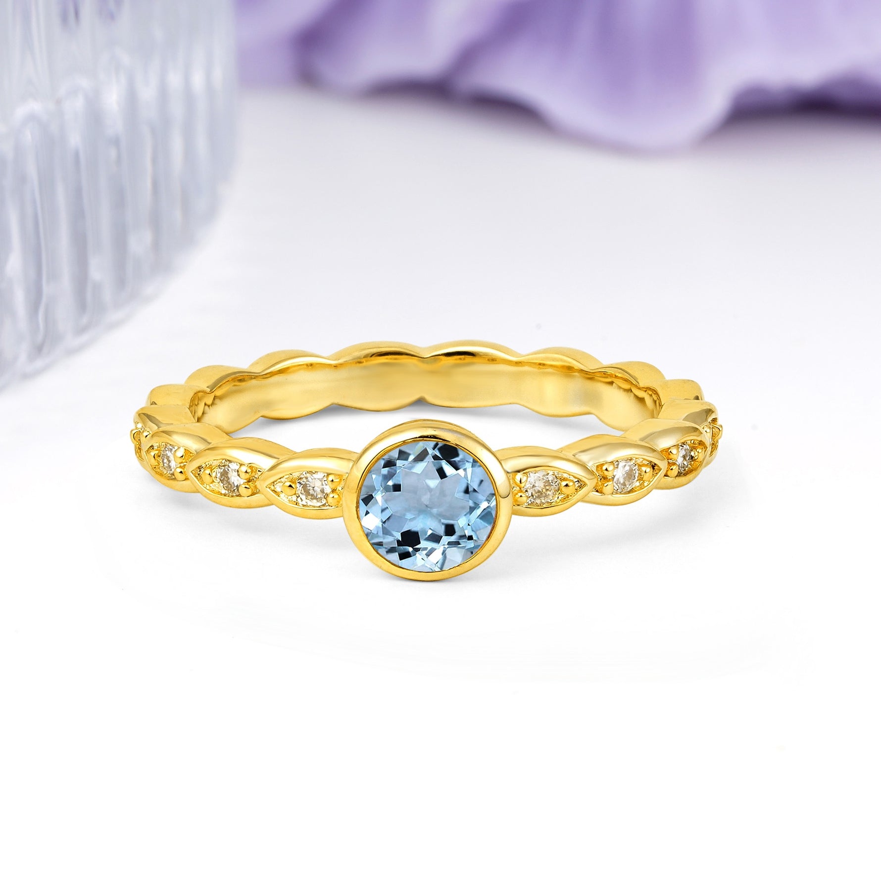 Classic & Minimalist Flush-Set Round-Cut Aquamarine Engagement Ring - Additional view