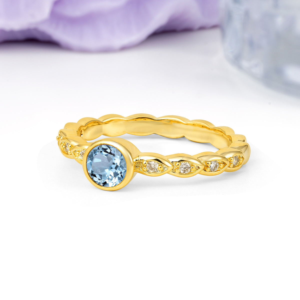 Classic & Minimalist Flush-Set Round-Cut Aquamarine Engagement Ring - Additional view