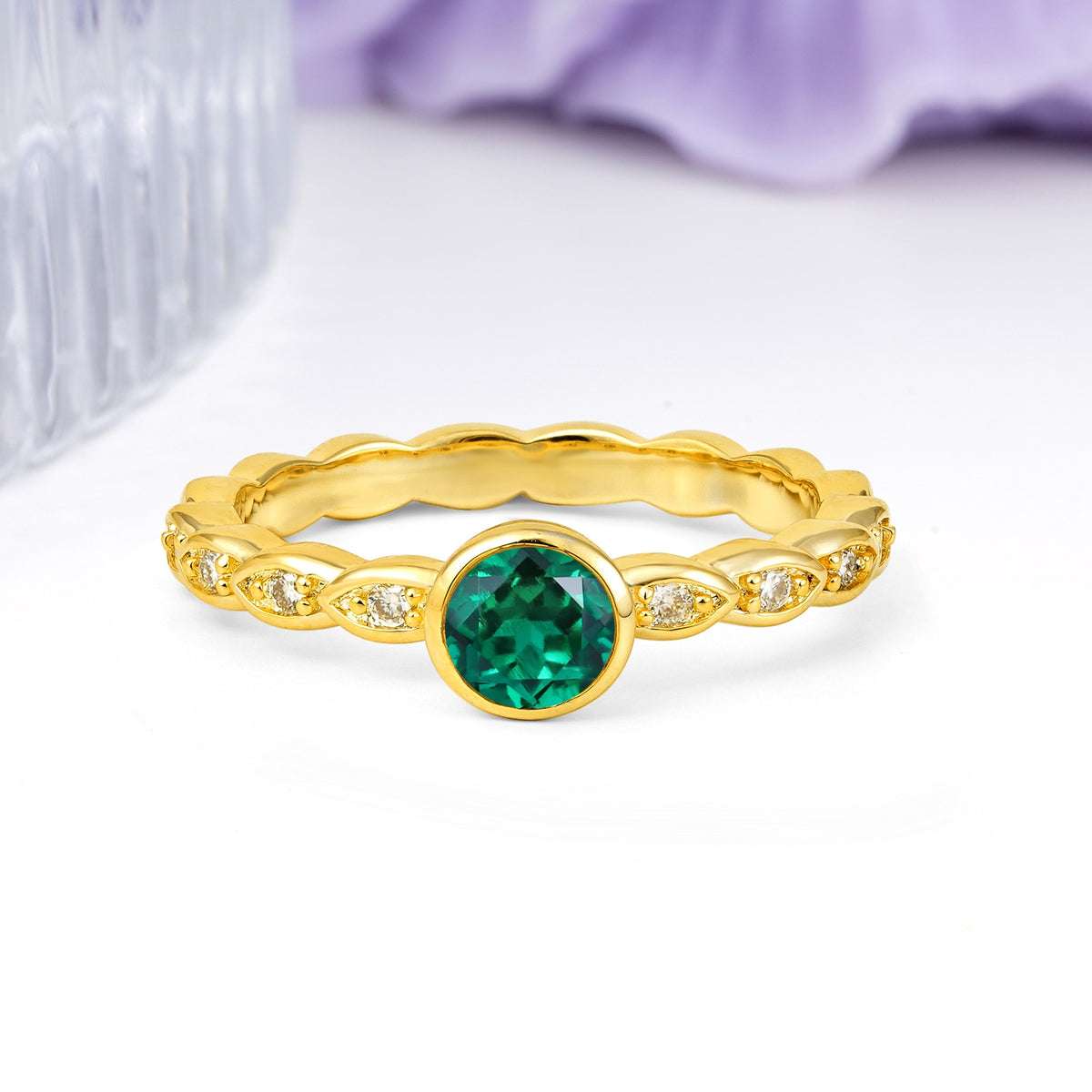 Classic & Minimalist Flush-Set Round-Cut Emerald Engagement Ring - Additional view