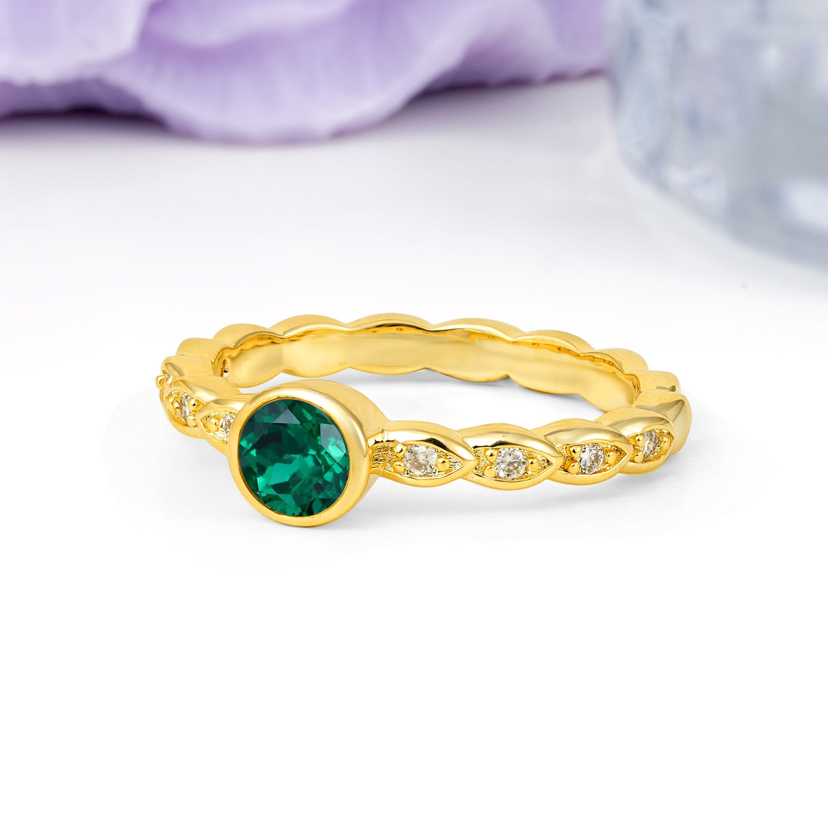 Classic & Minimalist Flush-Set Round-Cut Emerald Engagement Ring - Additional view