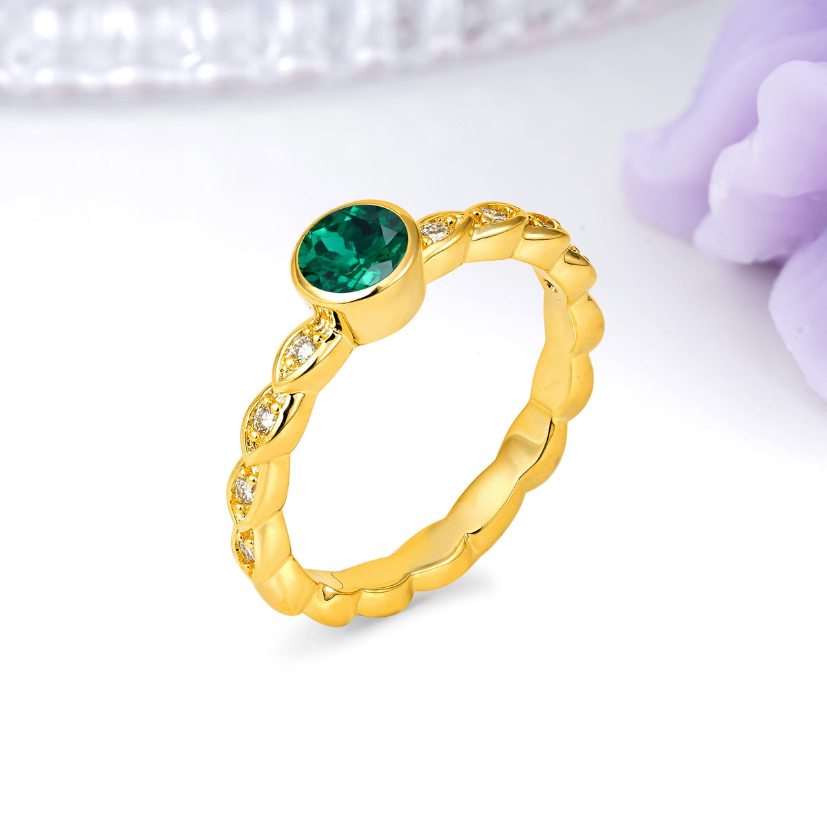 Classic & Minimalist Flush-Set Round-Cut Emerald Engagement Ring - Additional view
