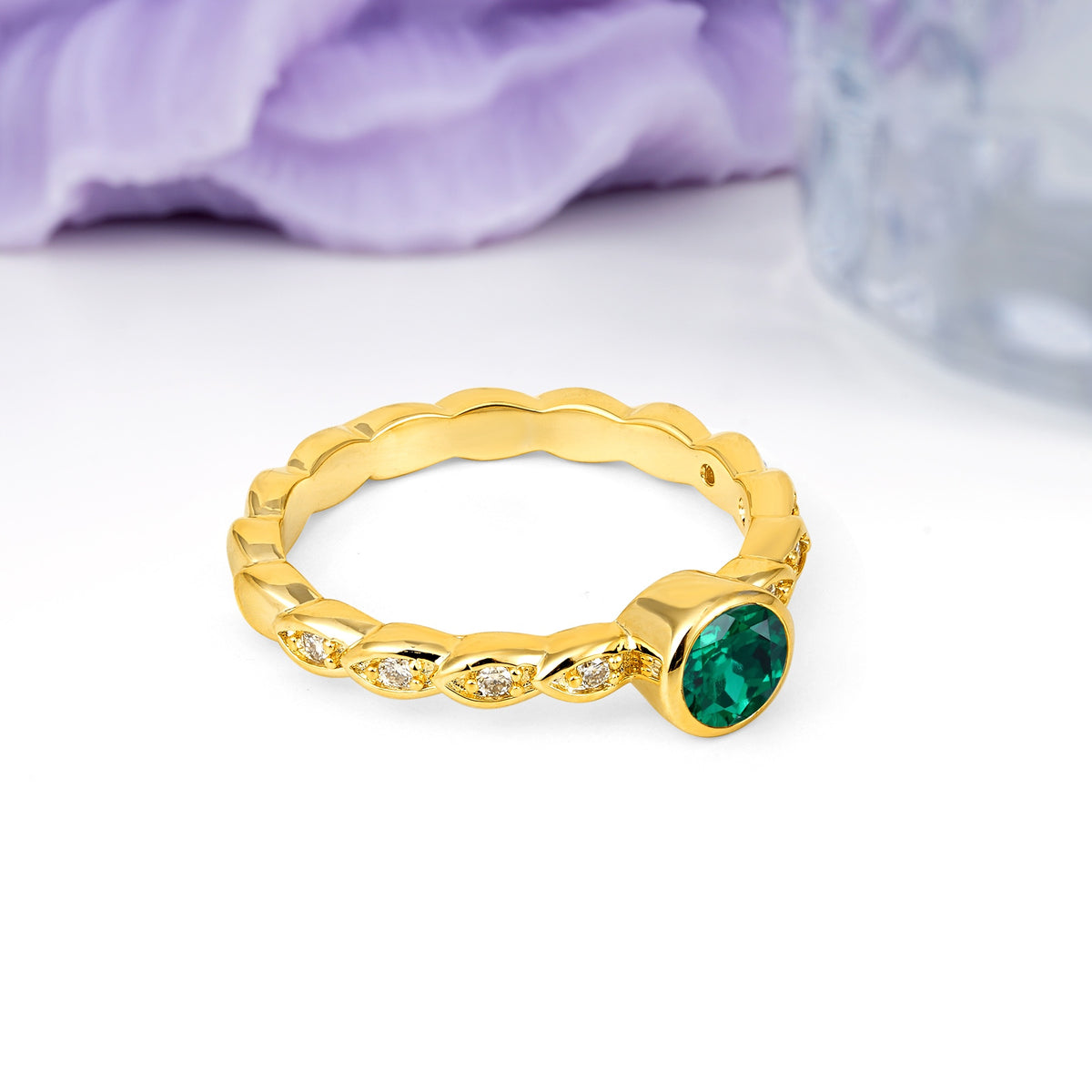 Classic & Minimalist Flush-Set Round-Cut Emerald Engagement Ring - Additional view