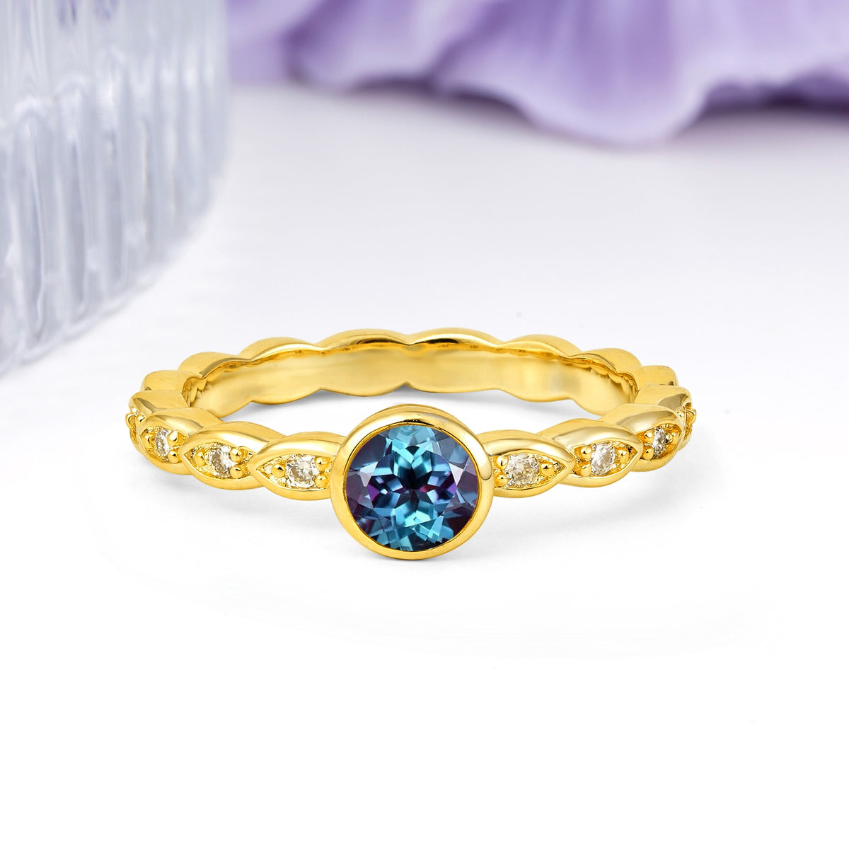 Classic & Minimalist Flush-Set Round-Cut Alexandrite Engagement Ring - Additional view