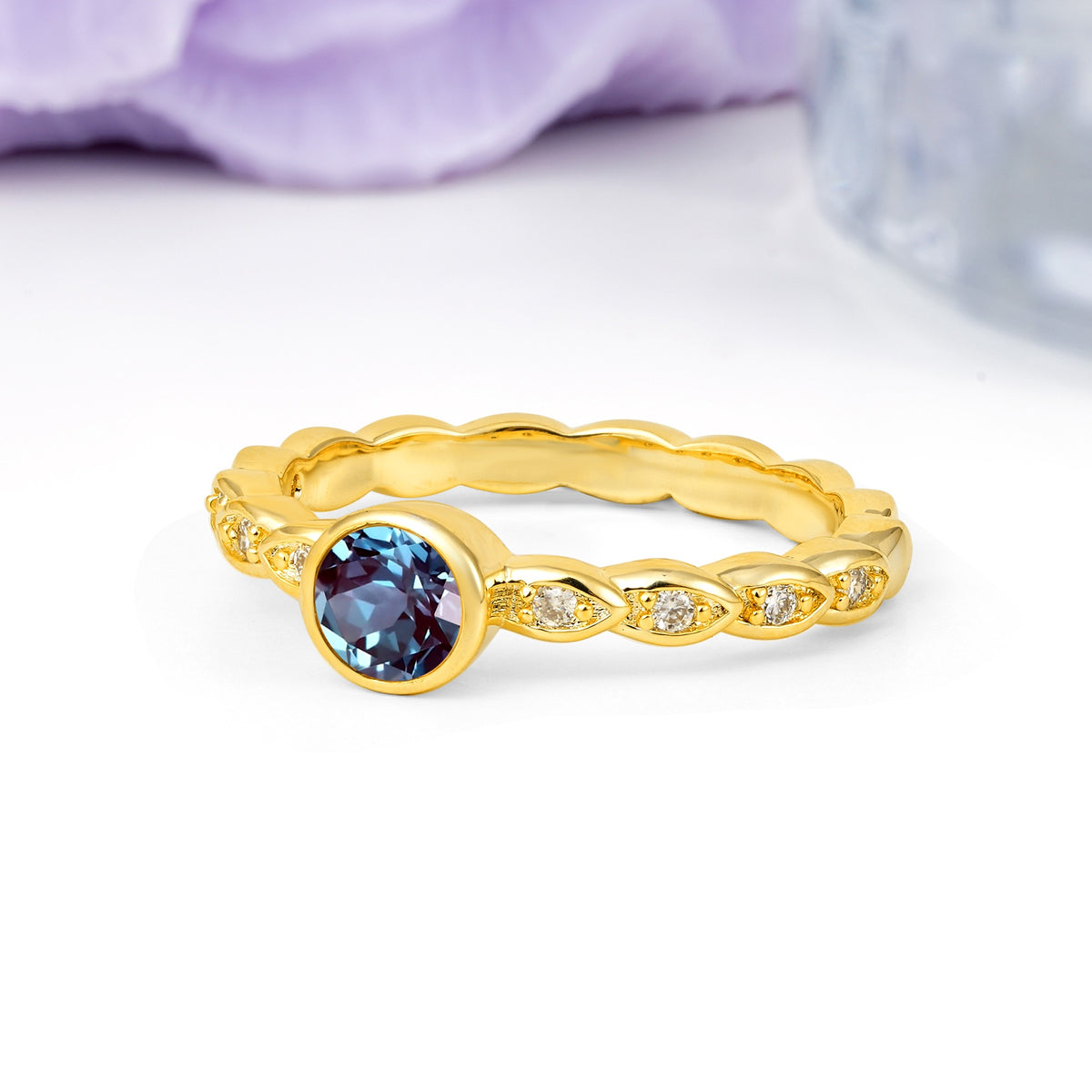 Classic & Minimalist Flush-Set Round-Cut Alexandrite Engagement Ring - Additional view