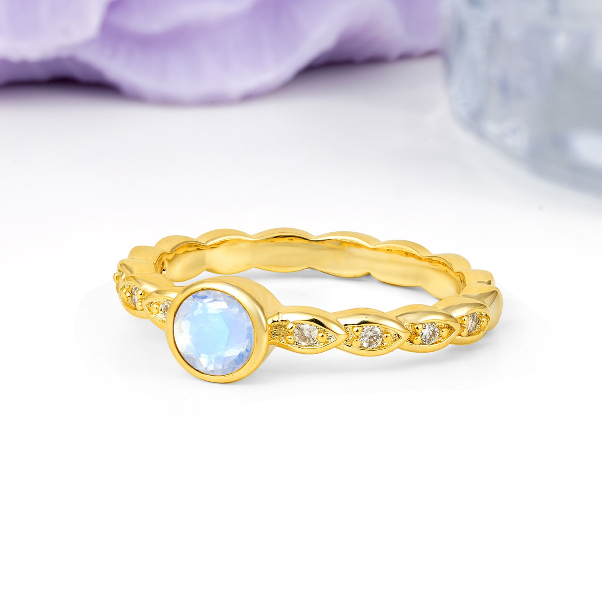 Classic & Minimalist Flush-Set Round-Cut Moonstone Engagement Ring - Additional view