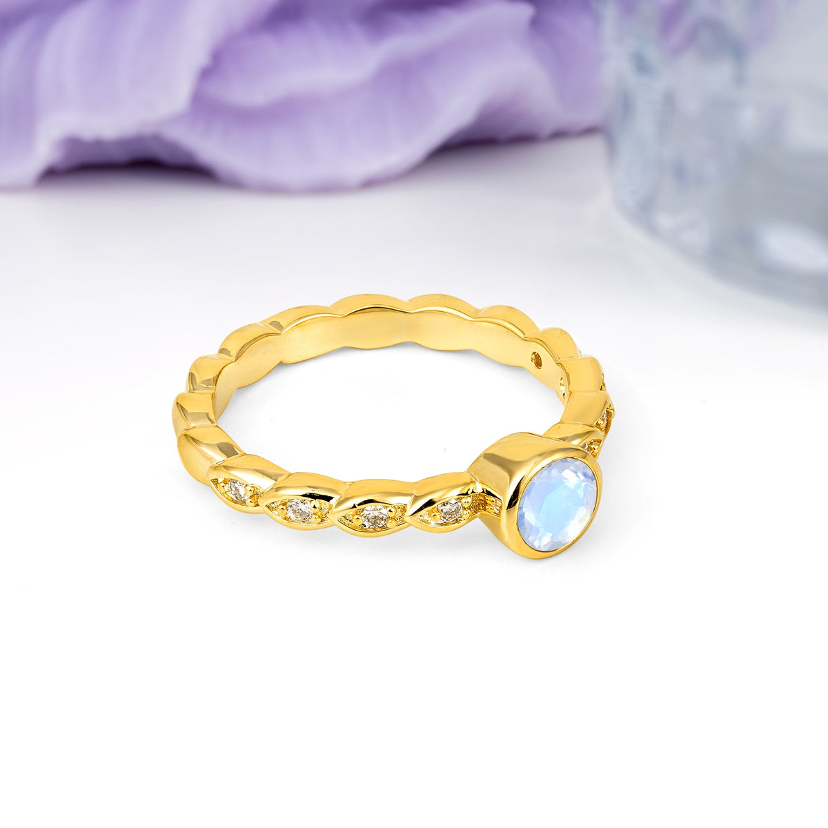 Classic & Minimalist Flush-Set Round-Cut Moonstone Engagement Ring - Additional view