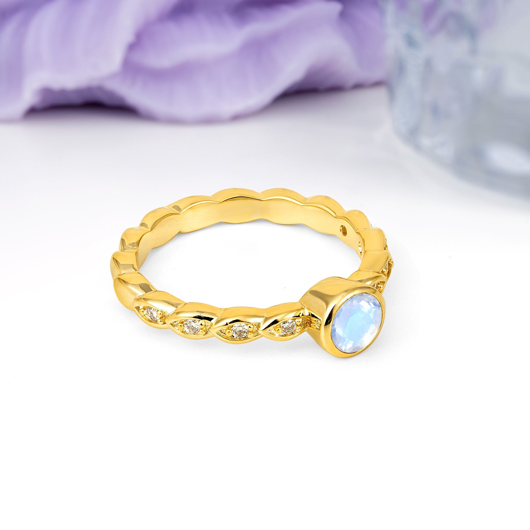 Classic & Minimalist Flush-Set Round-Cut Moonstone Engagement Ring - Additional view