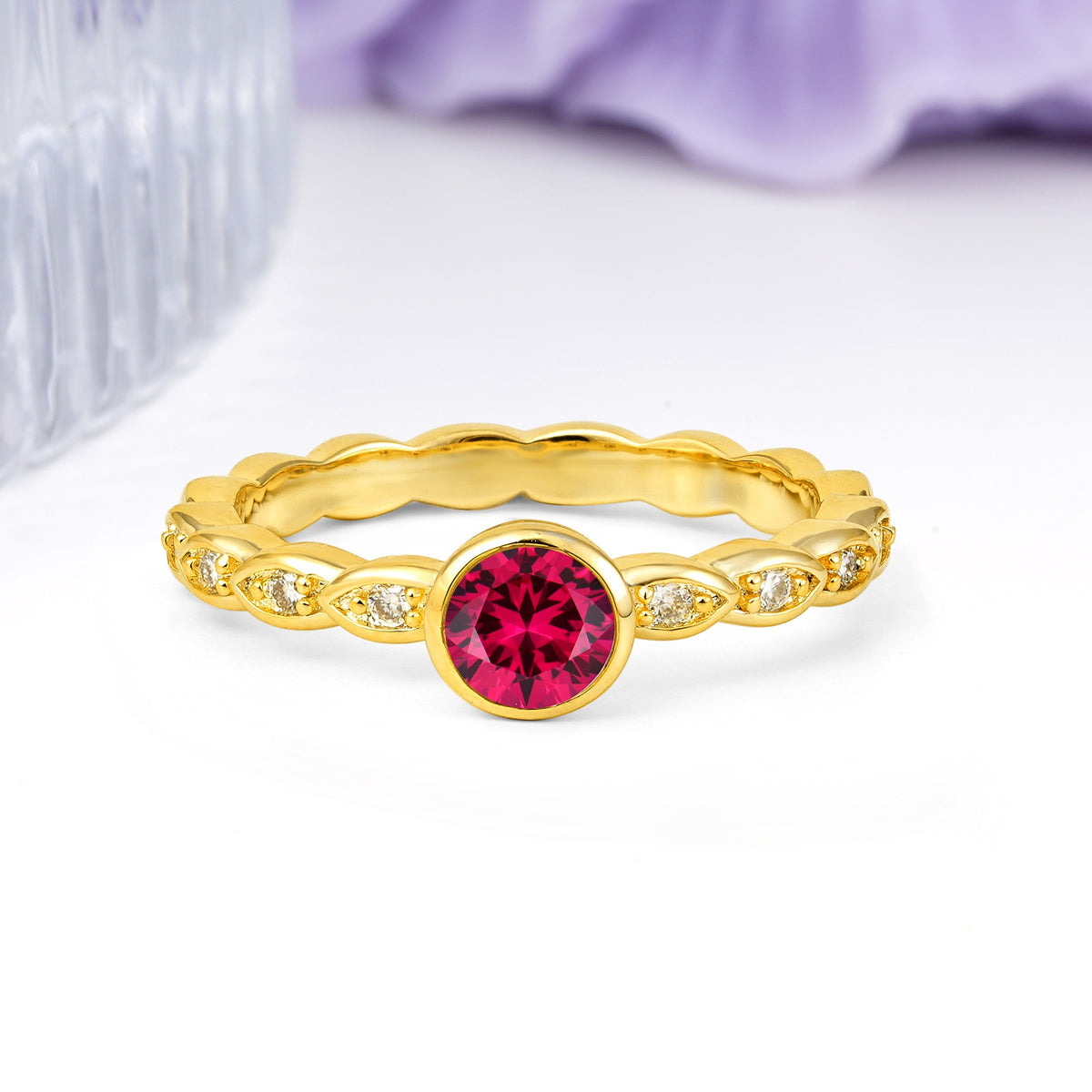Classic & Minimalist Flush-Set Round-Cut Ruby Engagement Ring - Additional view