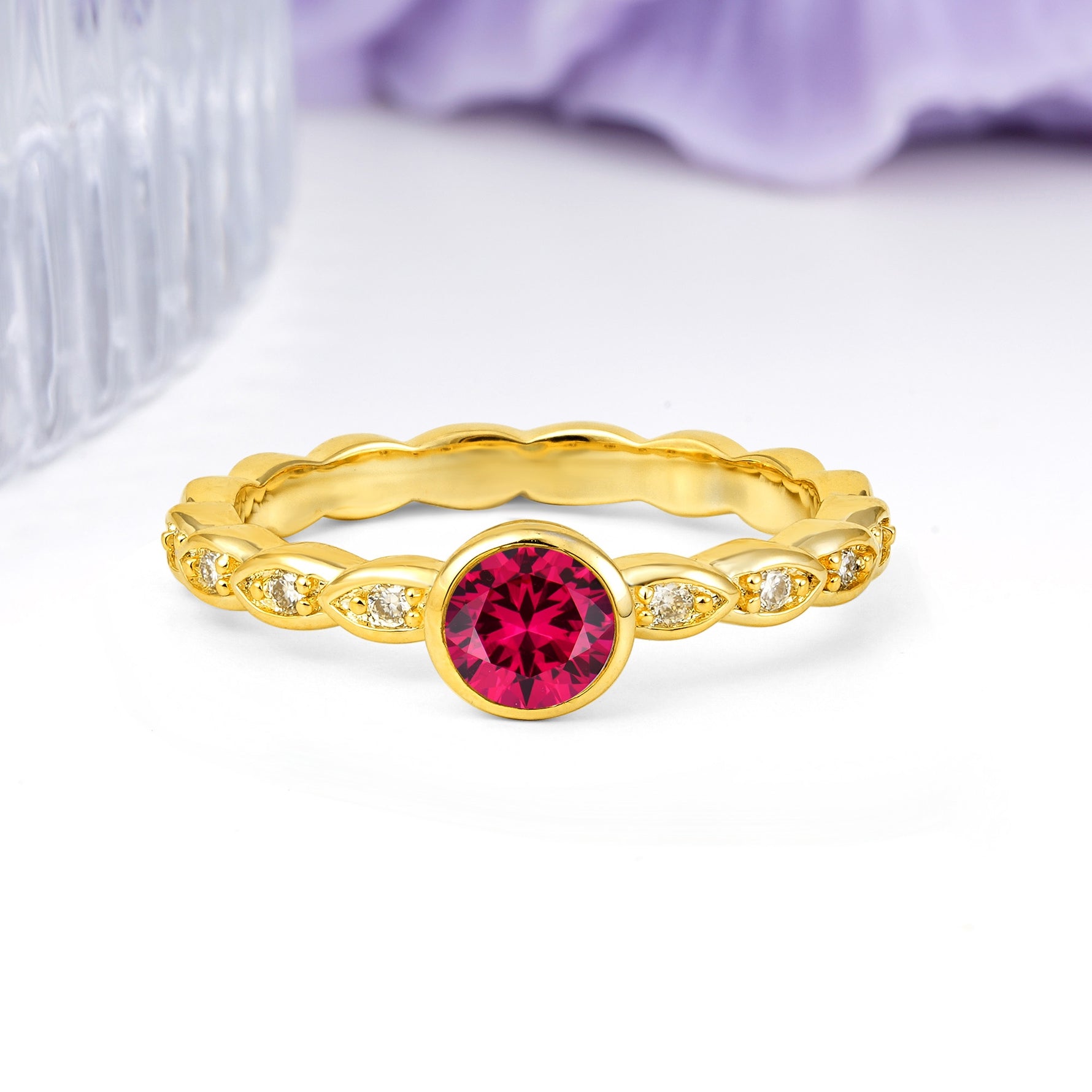 Classic & Minimalist Flush-Set Round-Cut Ruby Engagement Ring - Additional view
