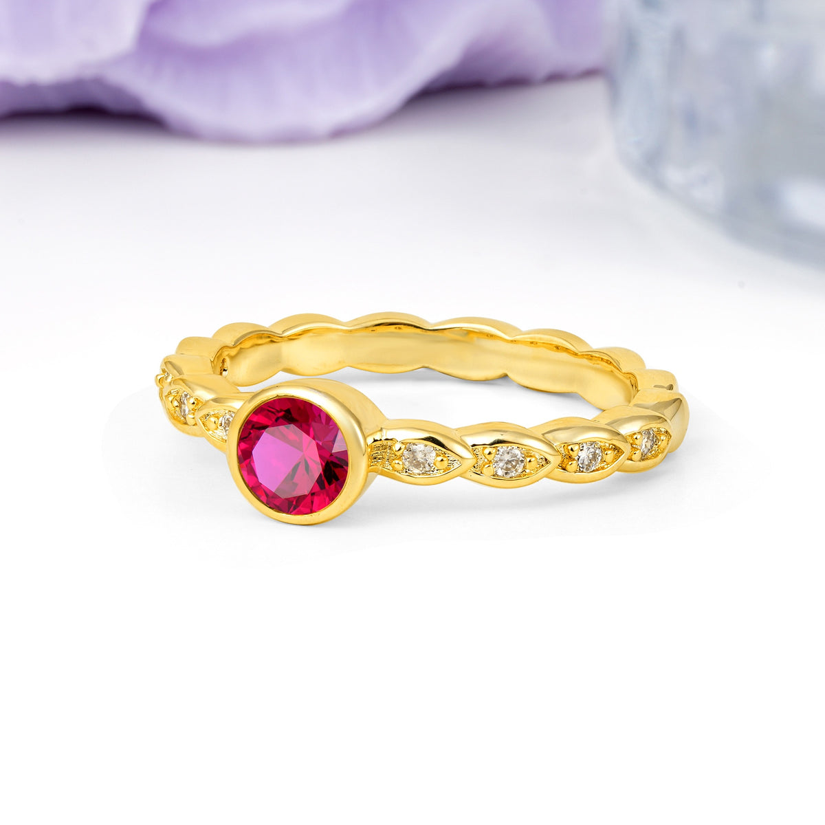 Classic & Minimalist Flush-Set Round-Cut Ruby Engagement Ring - Additional view