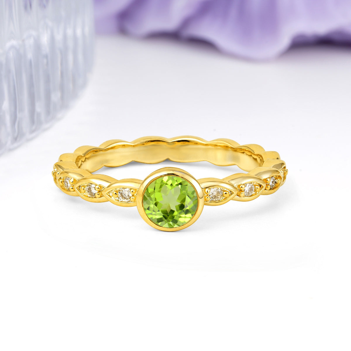 Classic & Minimalist Flush-Set Round-Cut Peridot Engagement Ring - Additional view