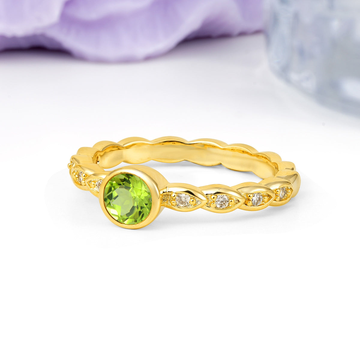 Classic & Minimalist Flush-Set Round-Cut Peridot Engagement Ring - Additional view