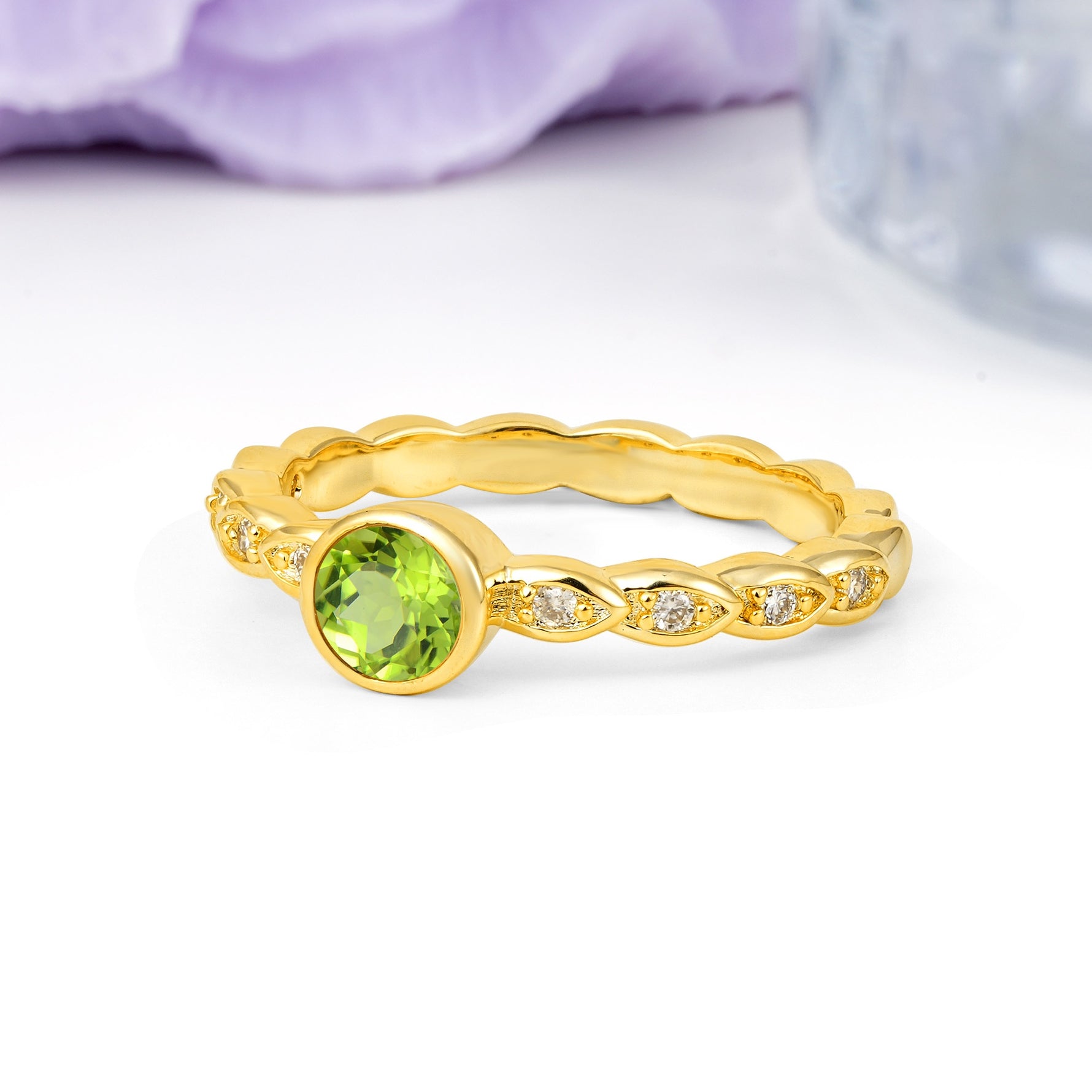 Classic & Minimalist Flush-Set Round-Cut Peridot Engagement Ring - Additional view