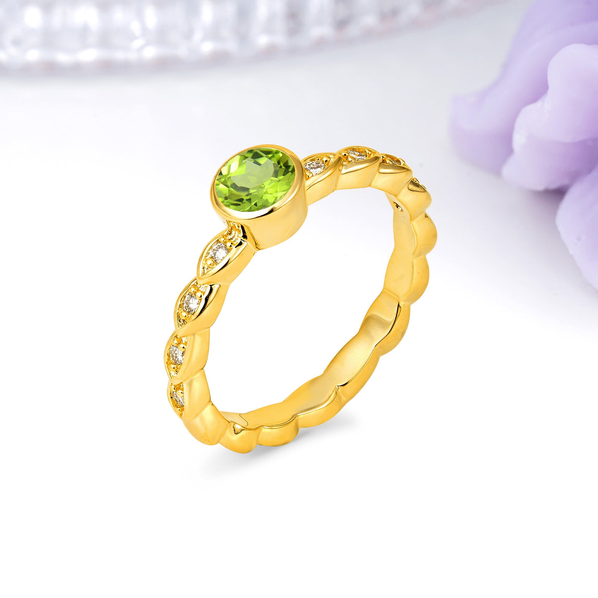 Classic & Minimalist Flush-Set Round-Cut Peridot Engagement Ring - Additional view