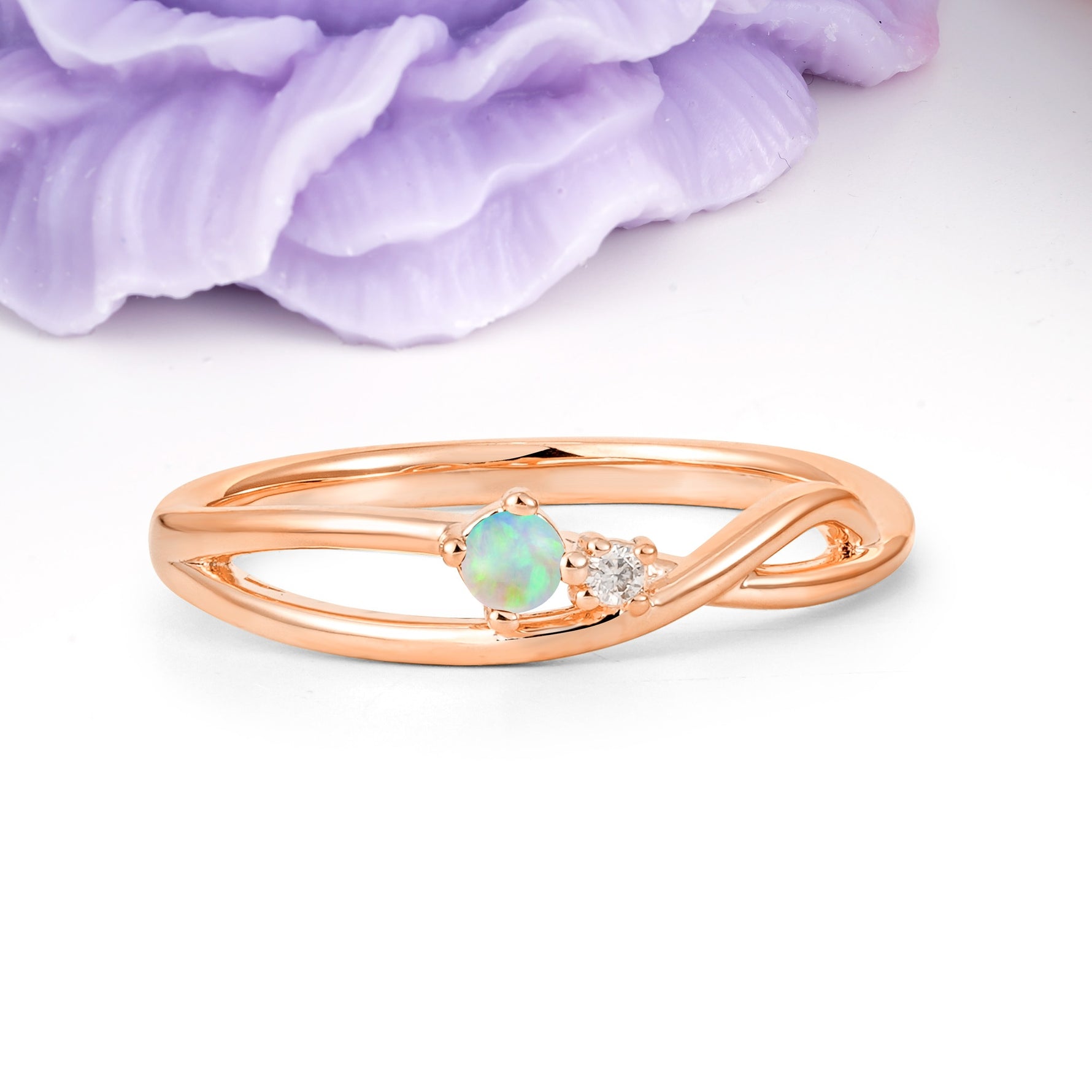 Unique Twisted 4-Prong Round Cut Fire Opal Engagement Ring - Additional view