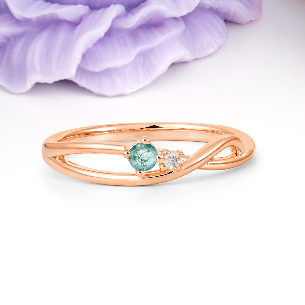 Classic Minimalist Twisted 4 Prong Round Cut Moss Agate Engagement Ring - Additional view