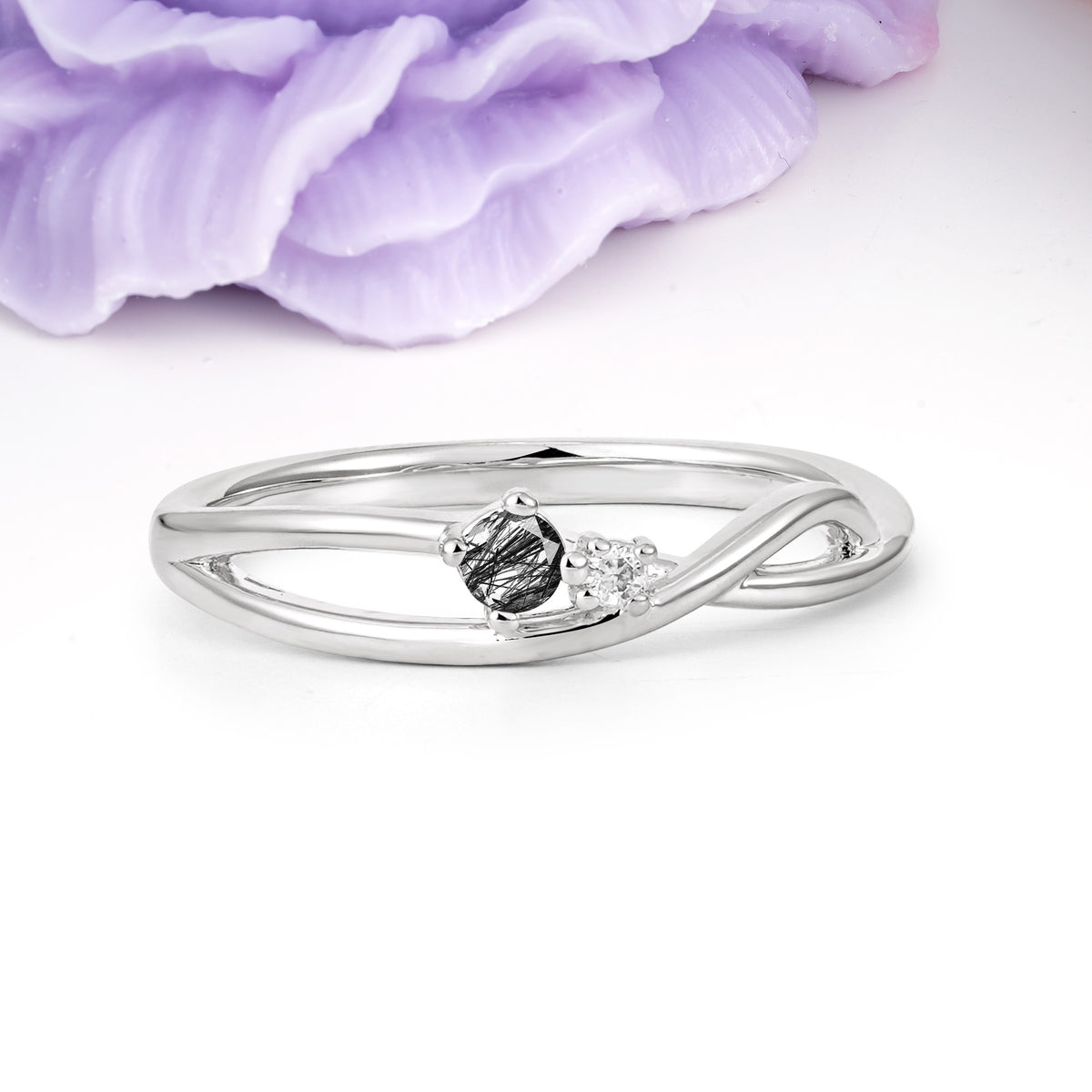 Classic Minimalist Twisted 4 Prong Round Cut Black Rutilated Quartz Engagement Ring - Additional view