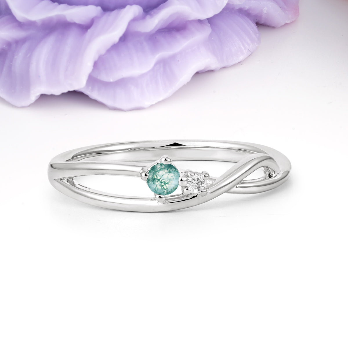 Classic Minimalist Twisted 4 Prong Round Cut Moss Agate Engagement Ring - Additional view